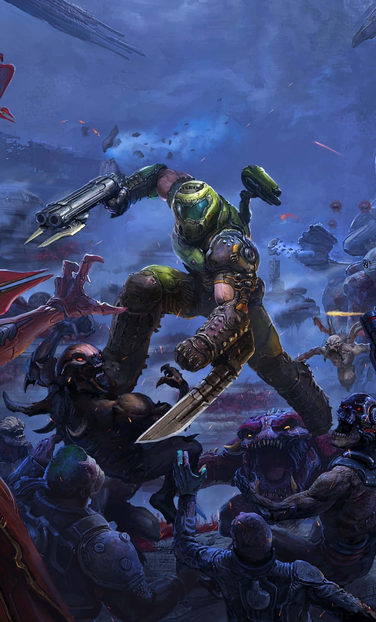 Doom 人物 Pixel 3xl Doom 永恆怪物背景 壁紙 — 一名綠色裝甲戰士跳過暴風雨的天空，揮舞著電鋸和霰彈槍，而下方則有怪異的外星生物蜂擁而至。