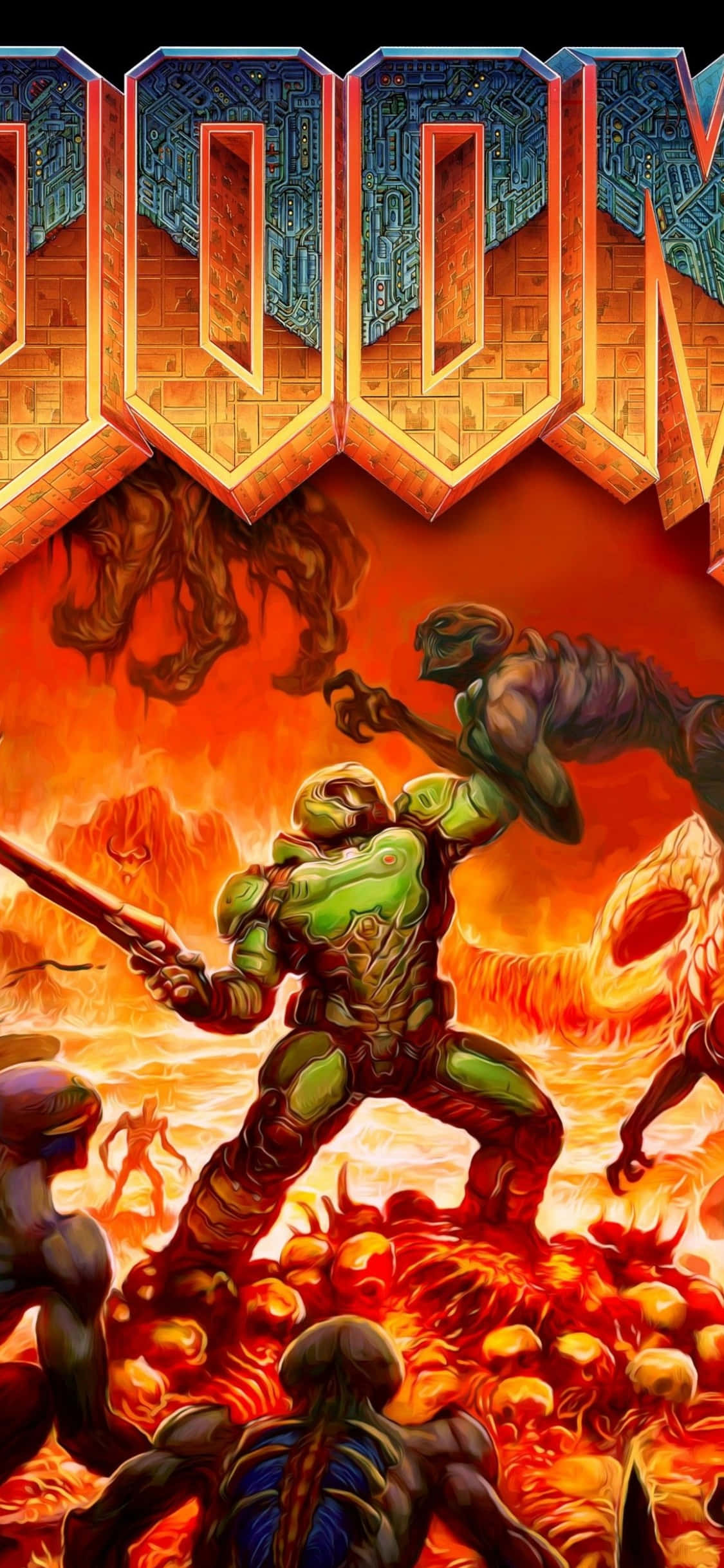 DOOM 地獄 iPhone XS 背景 壁紙 — 一名綠色盔甲戰士在熾熱的地獄景觀中與怪誕的惡魔戰鬥，上方有發光的 doom 標誌。