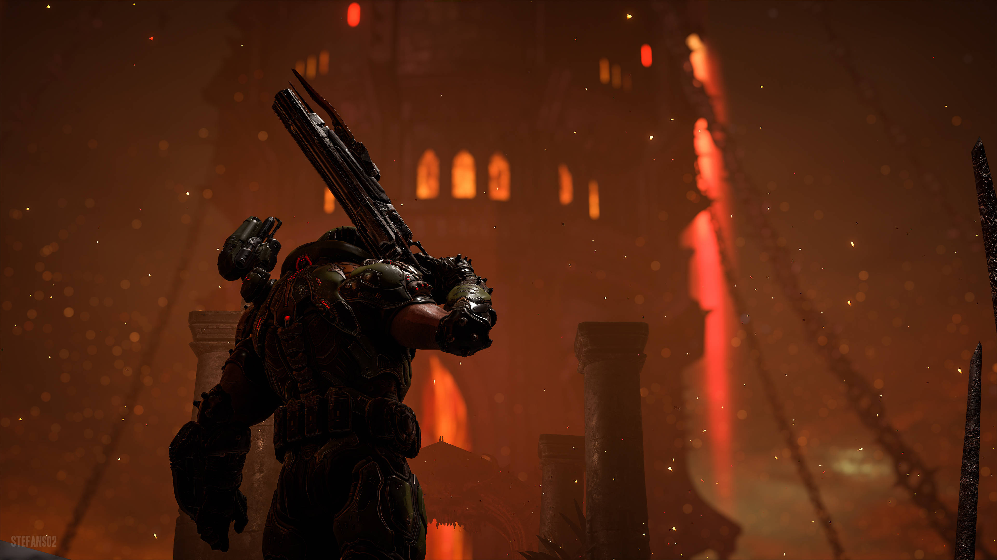 《DOOM》士兵 4K 壁紙 — 一個身穿重甲的戰士站在燃燒的廢墟中，手持巨大武器，破碎的拱門中透出熾熱的橙色光芒。