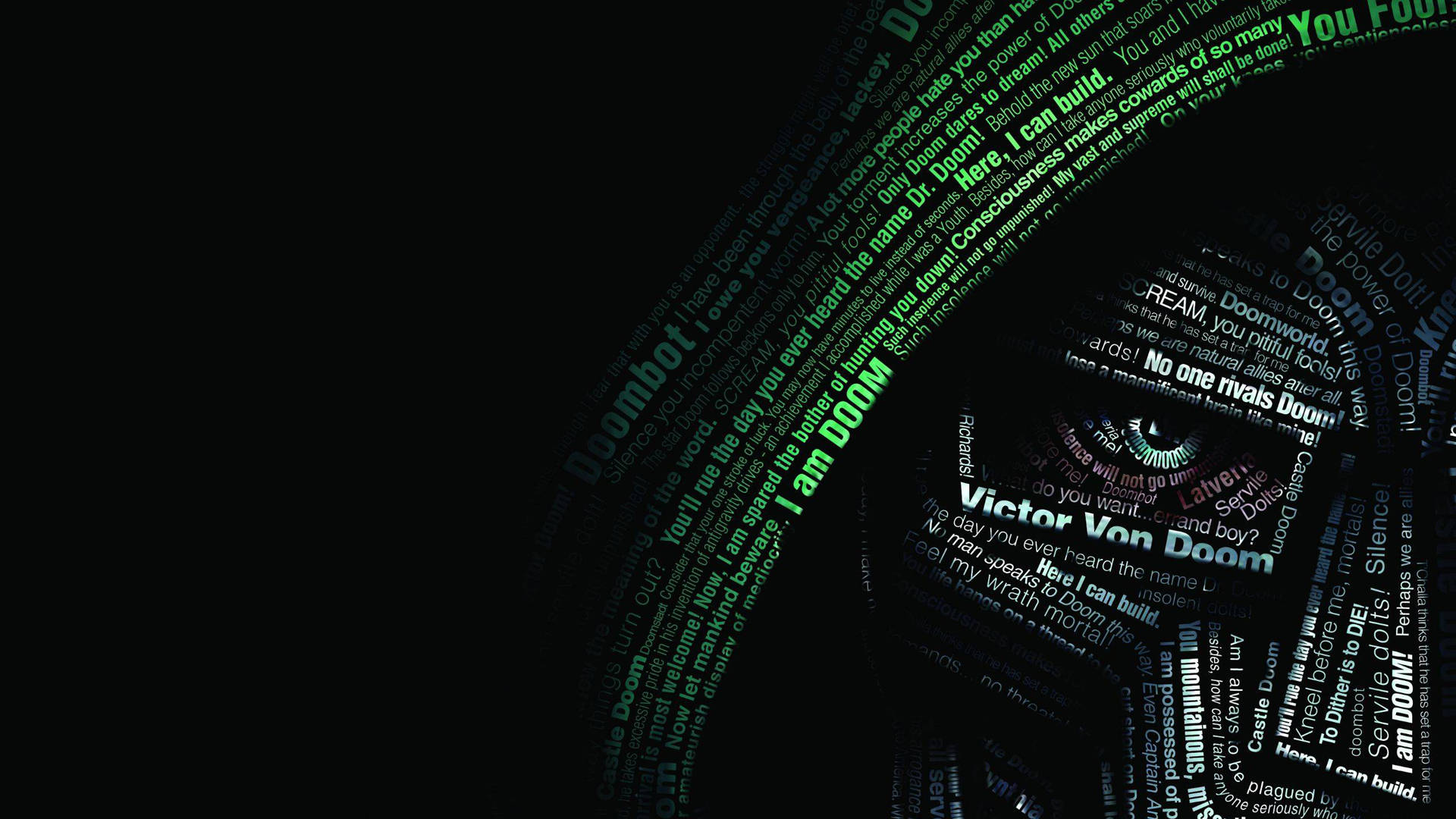 旋轉的綠色文字設計在深色背景上形成一個眼睛，帶有「I am DOOM」和「Victor Von Doom」。