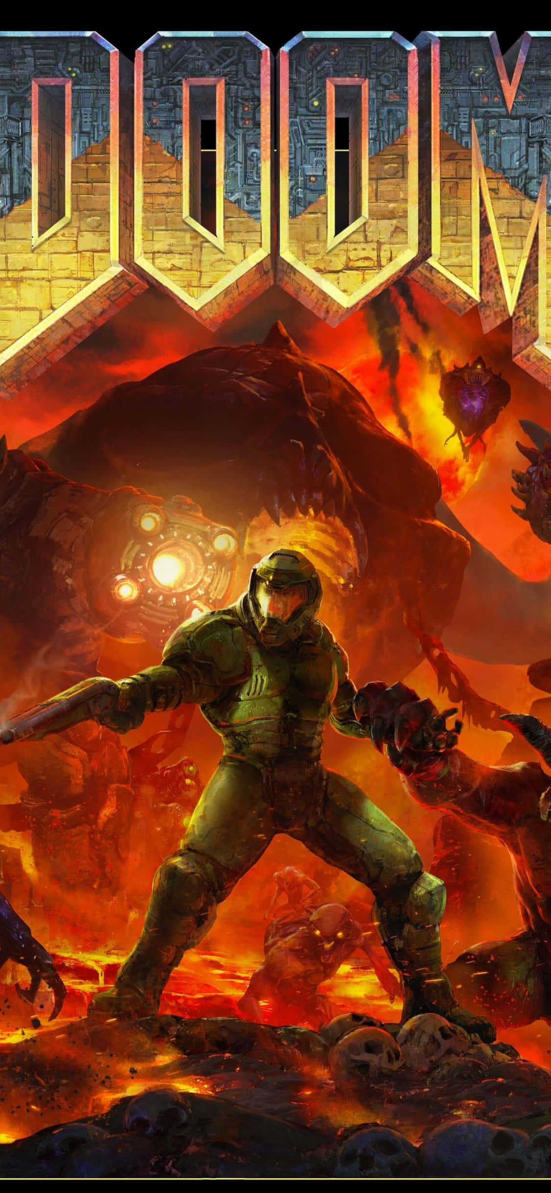 DOOM 標誌頂部 iPhone XS 背景 壁紙 — 一名身穿綠色盔甲的士兵在熾熱的地獄景觀中與惡魔生物戰鬥，上方有發光的DOOM標誌。