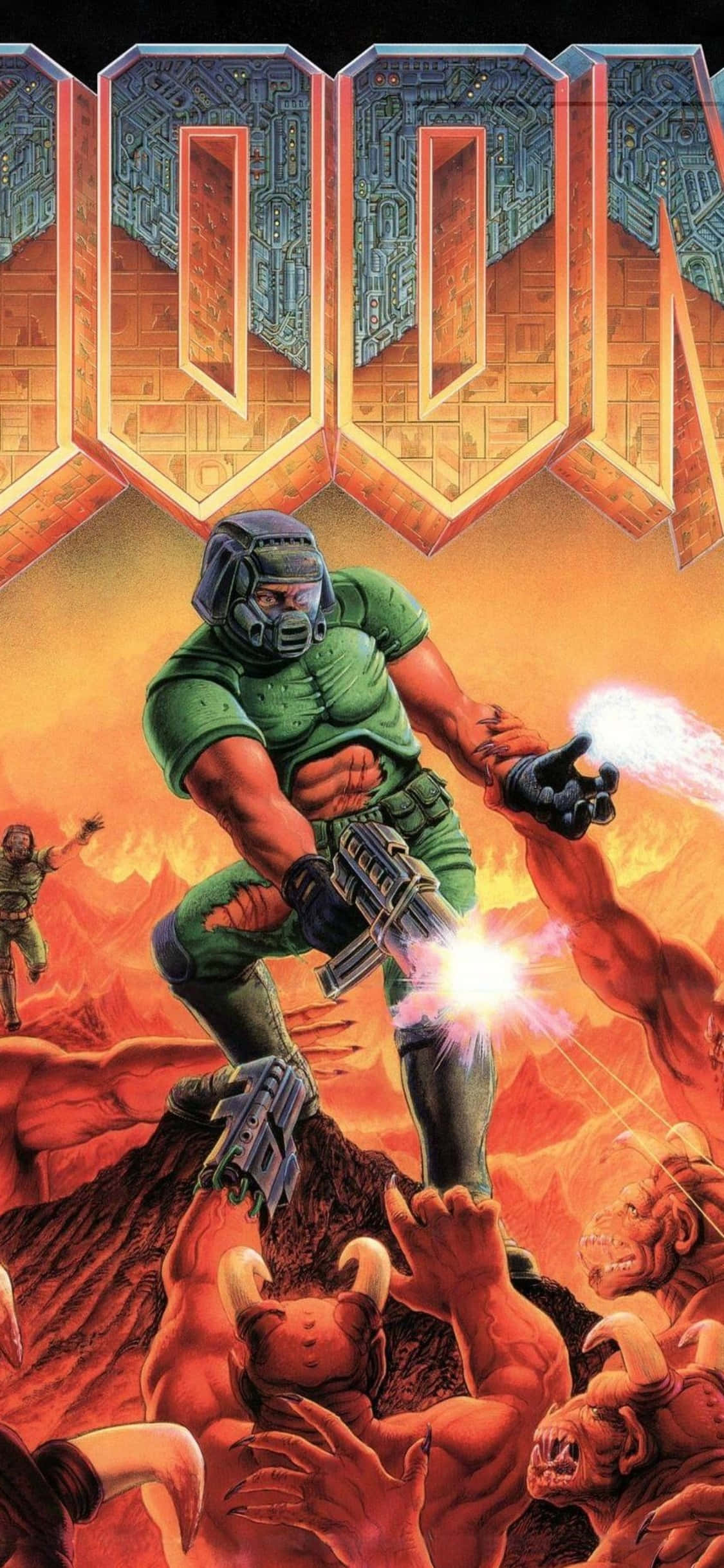DOOM 武器與惡魔 iPhone XS 背景 壁紙 — 一名身穿綠色盔甲的戰士在發光的DOOM標誌下，向從熾熱熔岩中升起的惡魔生物發射發光武器。