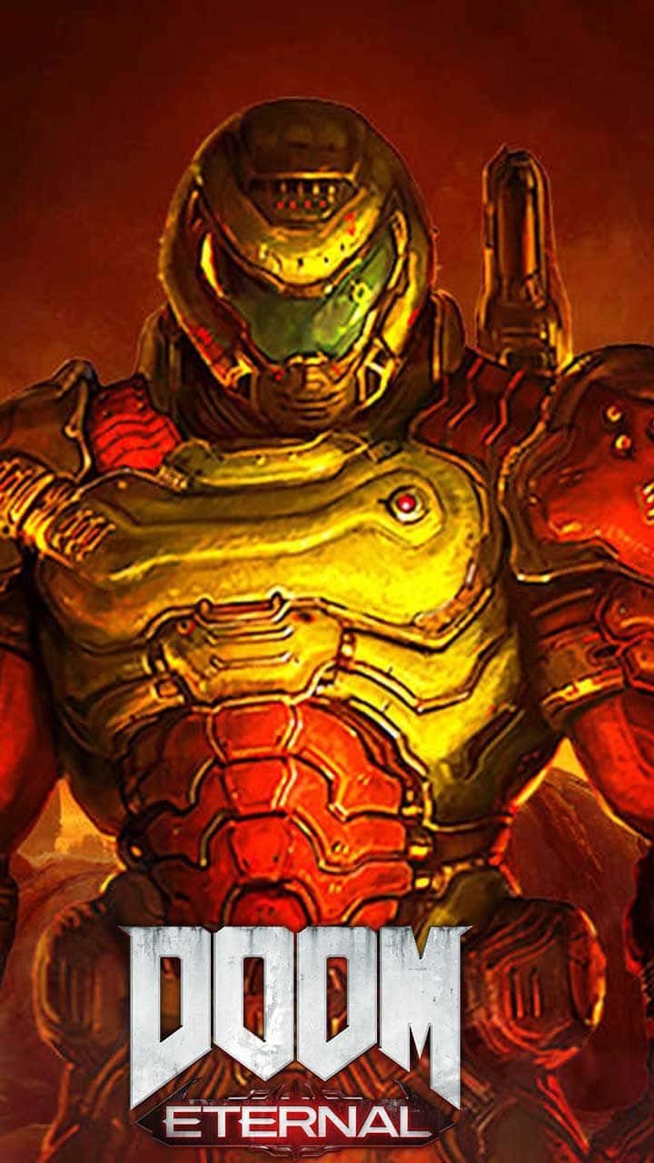 Doom Eternal 遊戲封面，展示一名重裝士兵，眼睛發光。