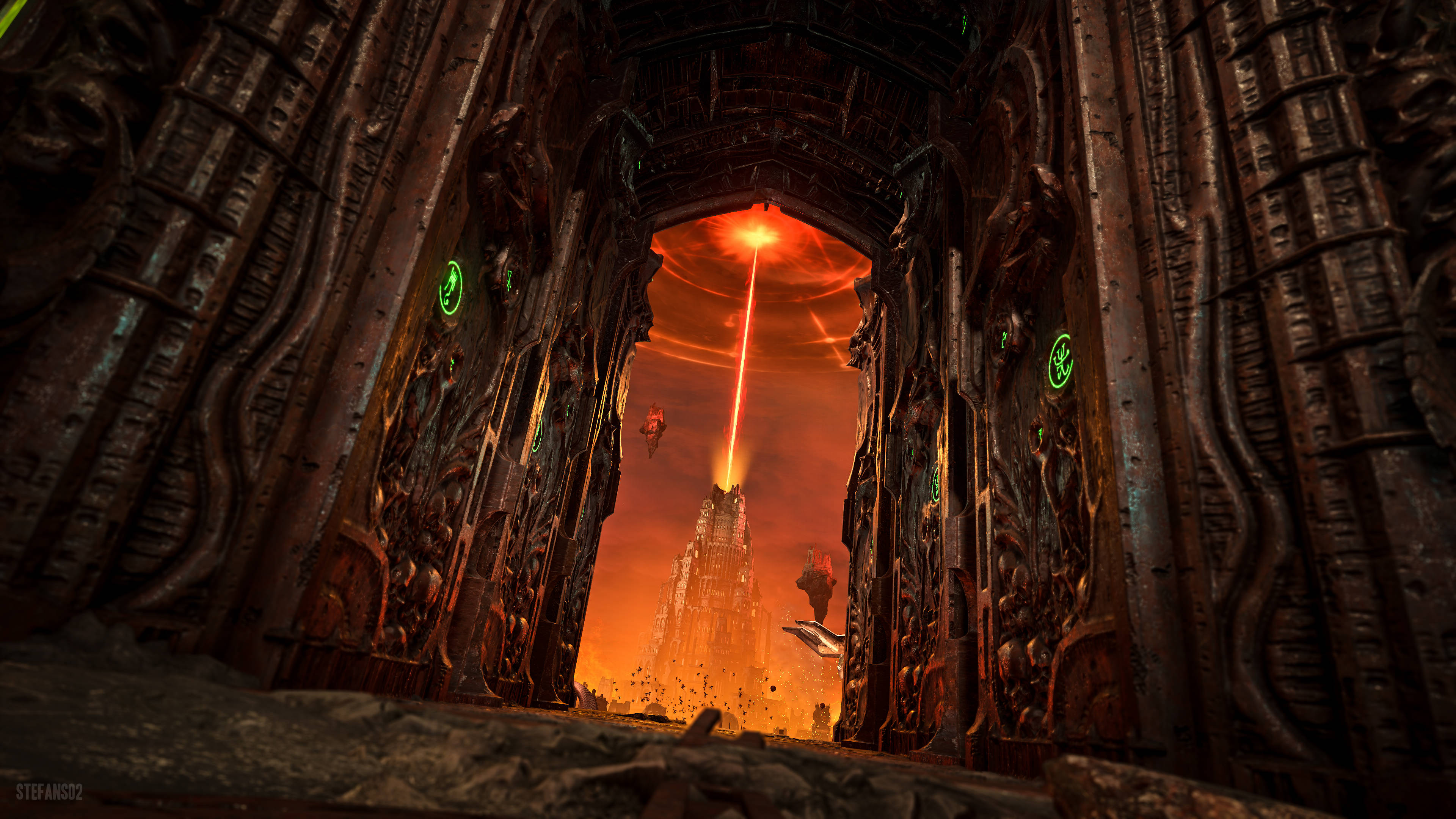 《DOOM》永恆傳送門 4K 壁紙 — 古老的石拱門框住了一個熾熱的外星城市景觀，帶有發光的綠色符文和一道刺穿天空的紅色光束。