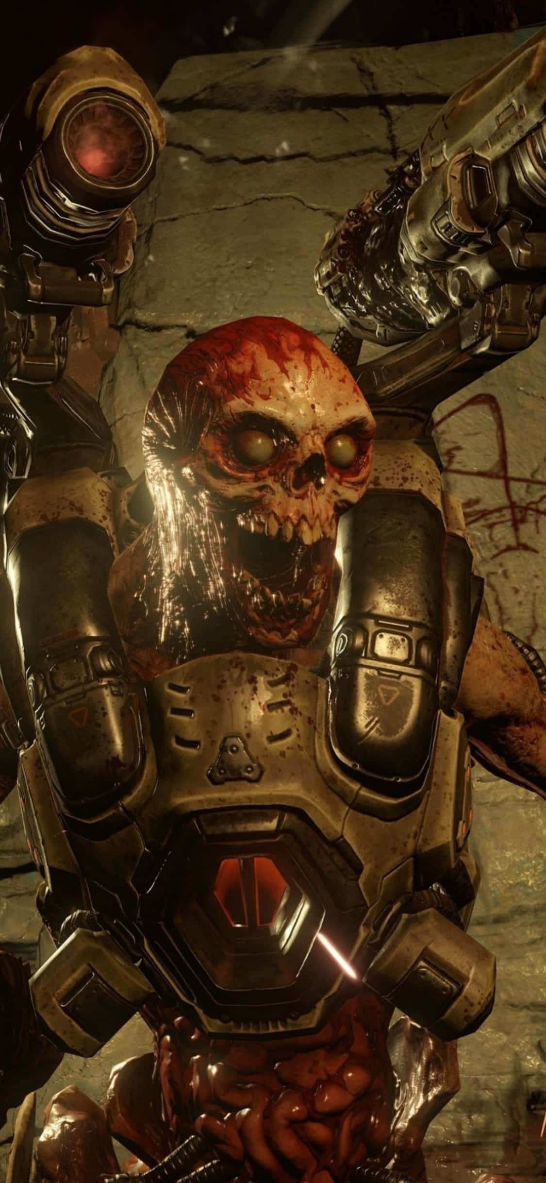 DOOM 頭骨惡魔 iPhone XS 背景 壁紙 — 一個怪誕的裝甲殭屍，眼睛發光，頭骨血淋淋，威嚇地站在廢墟的石頭走廊中。