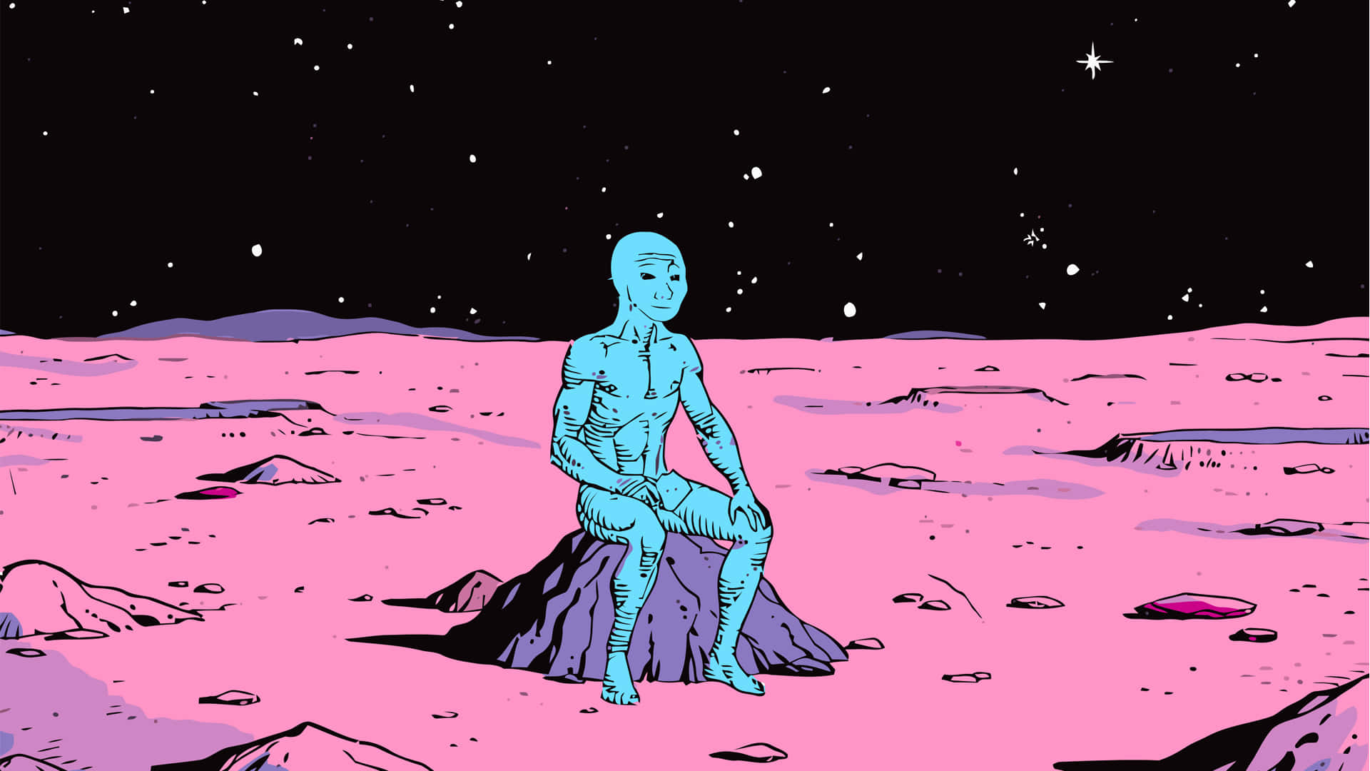 Doomer中的終極冒險即將展開 壁紙 — 一個青色人形身影在繁星點點的黑色天空下，坐在超現實粉紅色外星景觀中的紫色岩石上沉思。