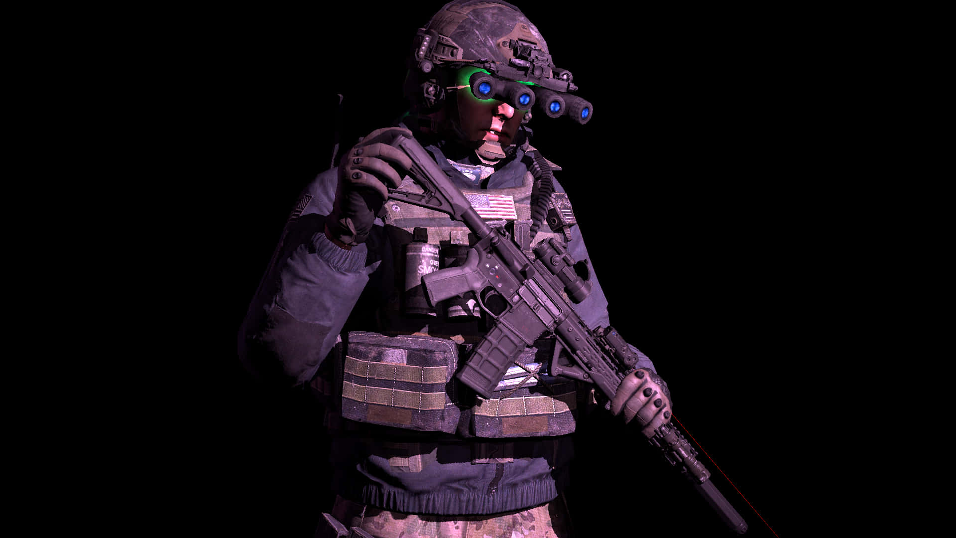 身穿戰術裝備的士兵戴著發光夜視鏡持步槍。