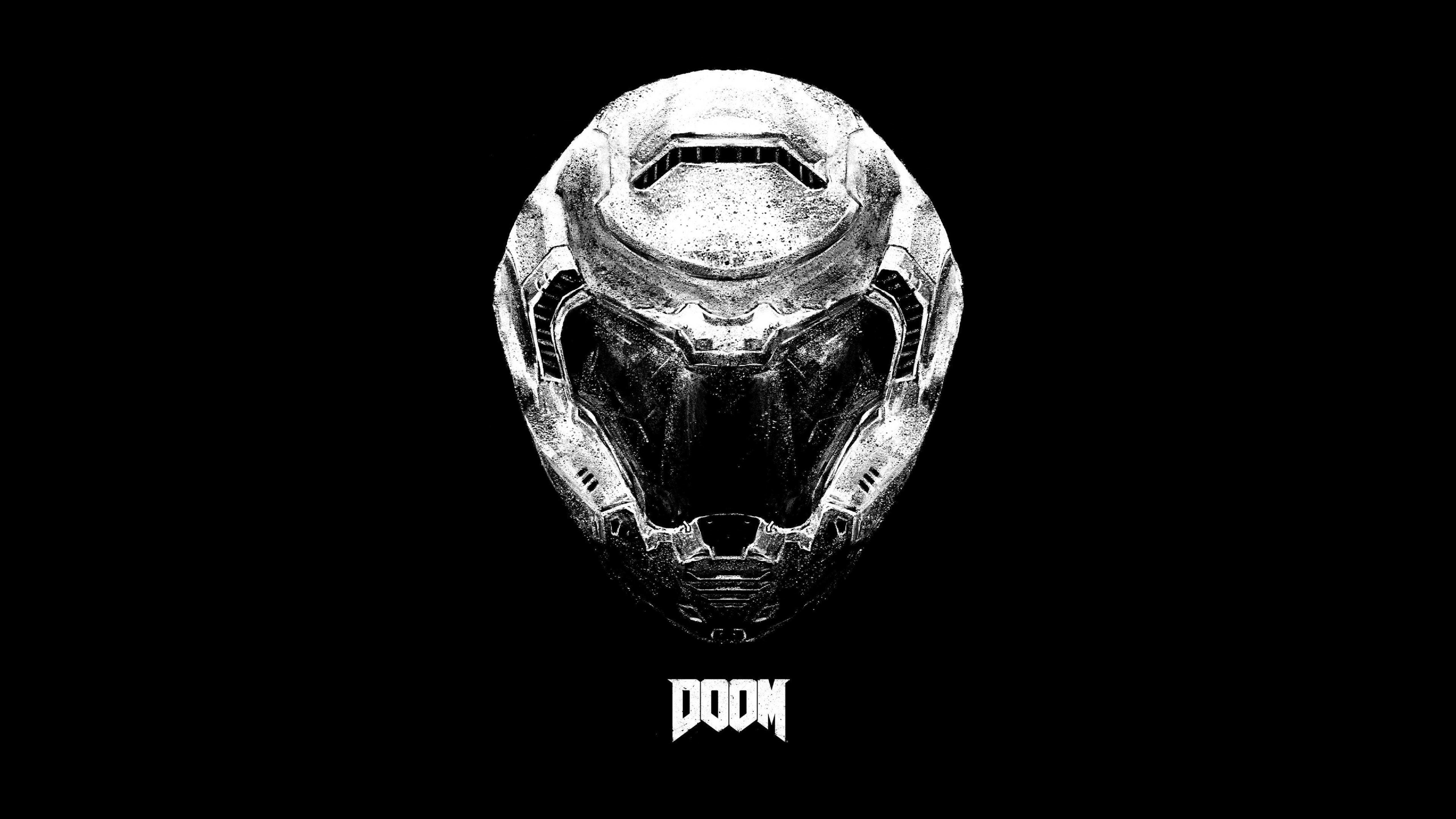 DOOMGUY黑白風格 壁紙 — 一個白色紋理清晰的頭盔，發光的眼睛直視前方，黑色背景下方有DOOM字樣。