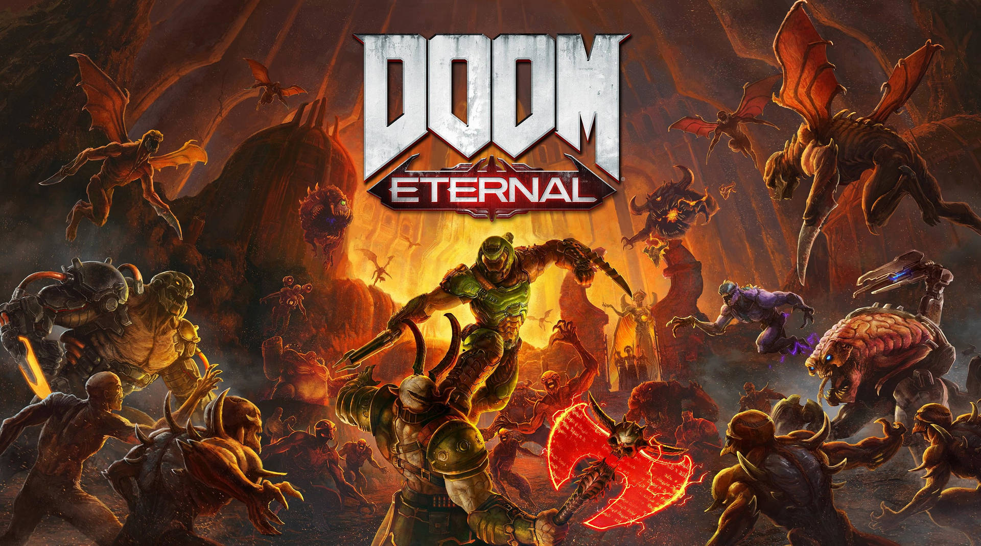 戰士在火熱地獄中與惡魔戰鬥，帶有 Doom Eternal 標誌。