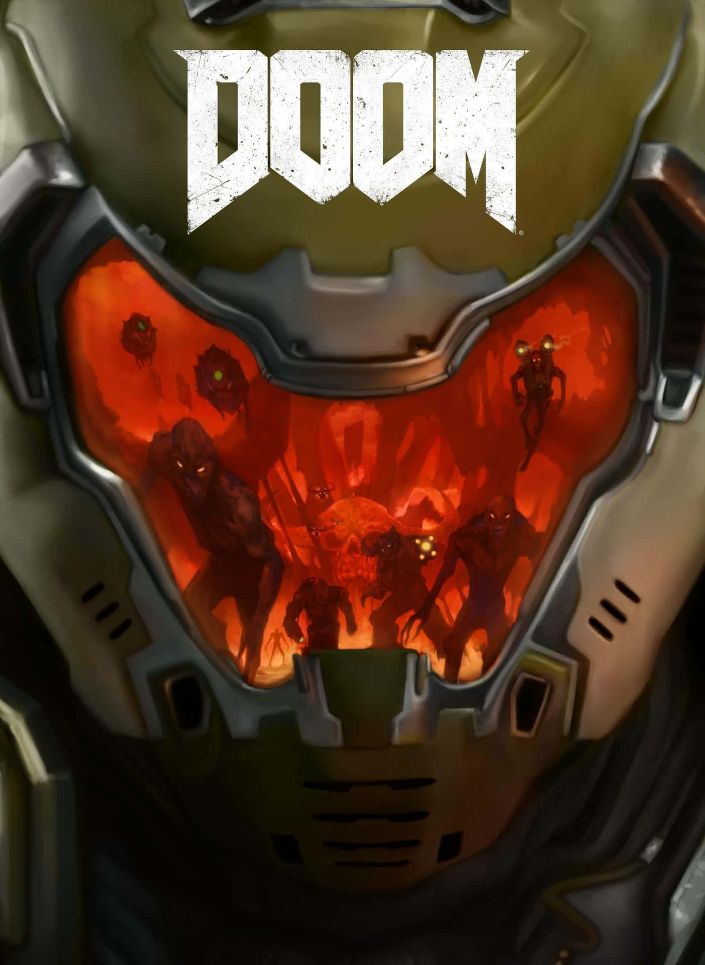 Doom頭盔面罩特寫，顯示地獄烈火中的惡魔敵人。