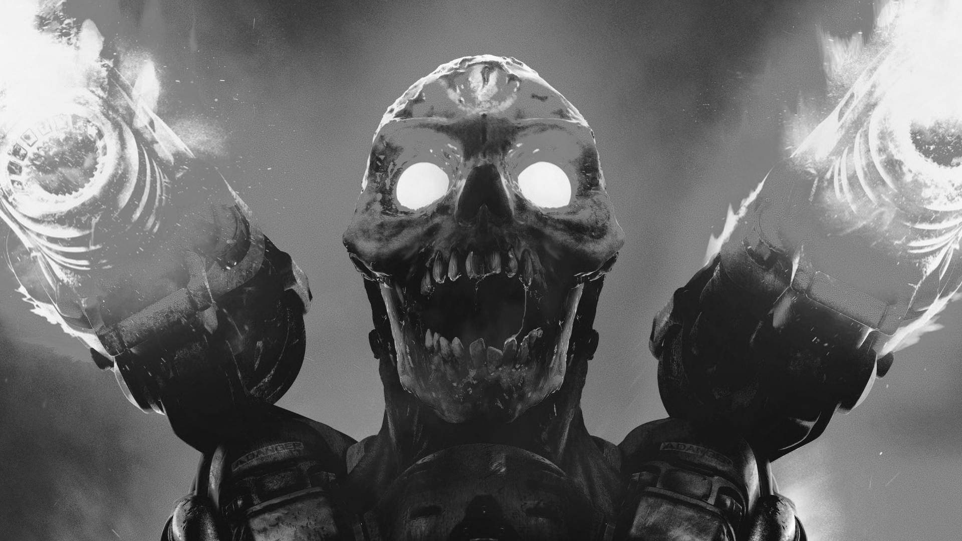 一個機械骷髏頭，發光眼睛，在黑暗場景中手持火焰武器。