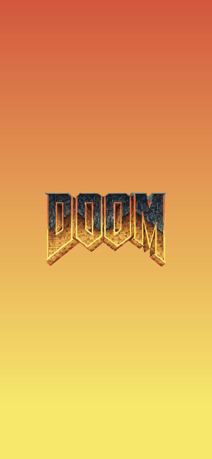 DOOM 電子遊戲標誌，金屬 3D 字母，背景為日落漸變色。
