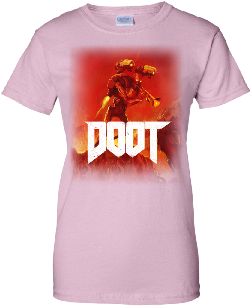 Doot音樂家骷髏T恤設計 壁紙 — 一件粉紅色T恤展示了一個火熱的DooT標誌，上面有一個惡魔般的人物在紅橙色背景中揮舞著角和火箭發射器。
