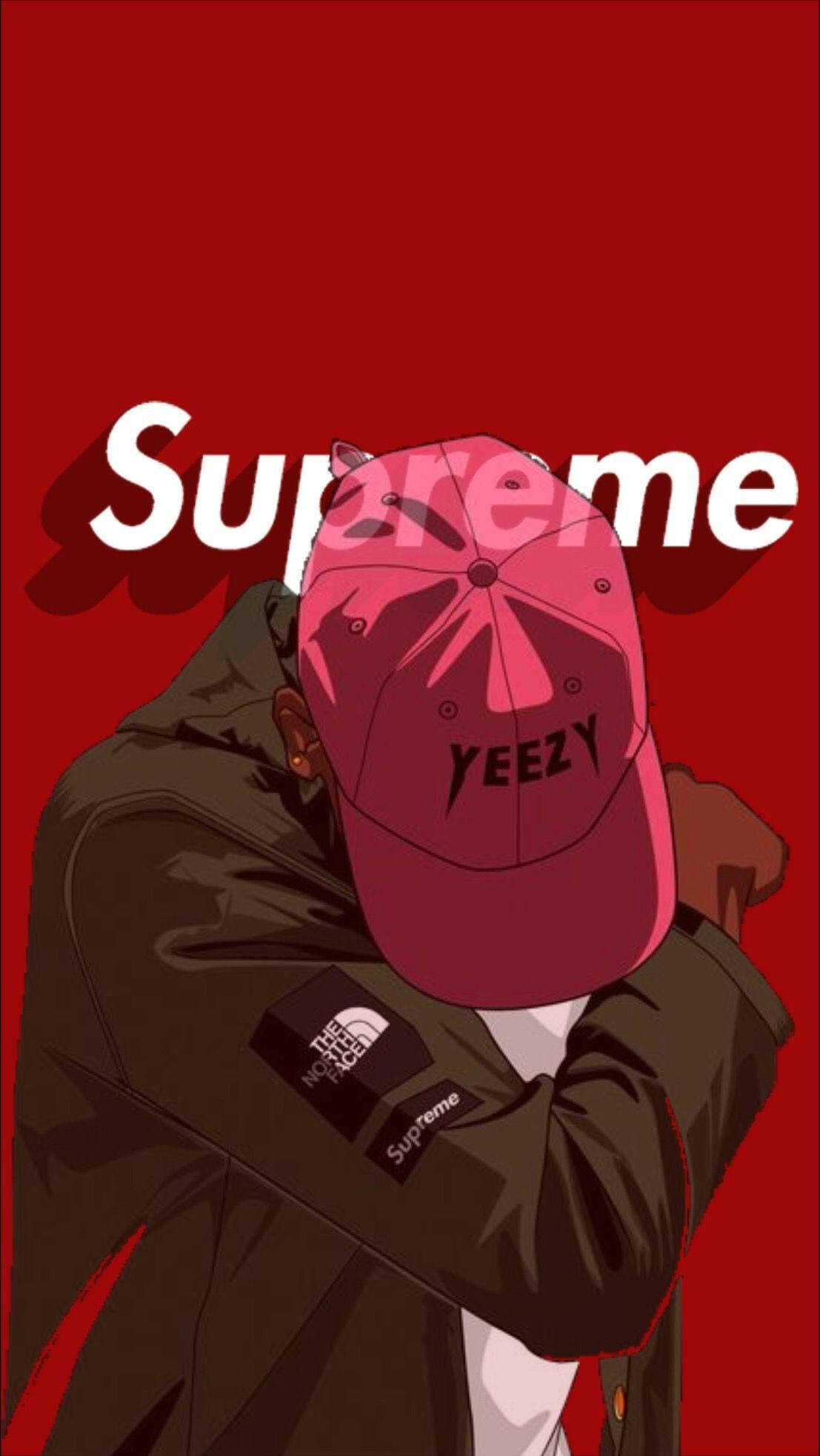 Dope Supreme Dab 姿勢 壁紙 — 一個風格化的人物，戴著粉紅色Yeezy帽子和棕色Supreme外套，站在大膽的紅色背景前，上面有白色的Supreme字樣。