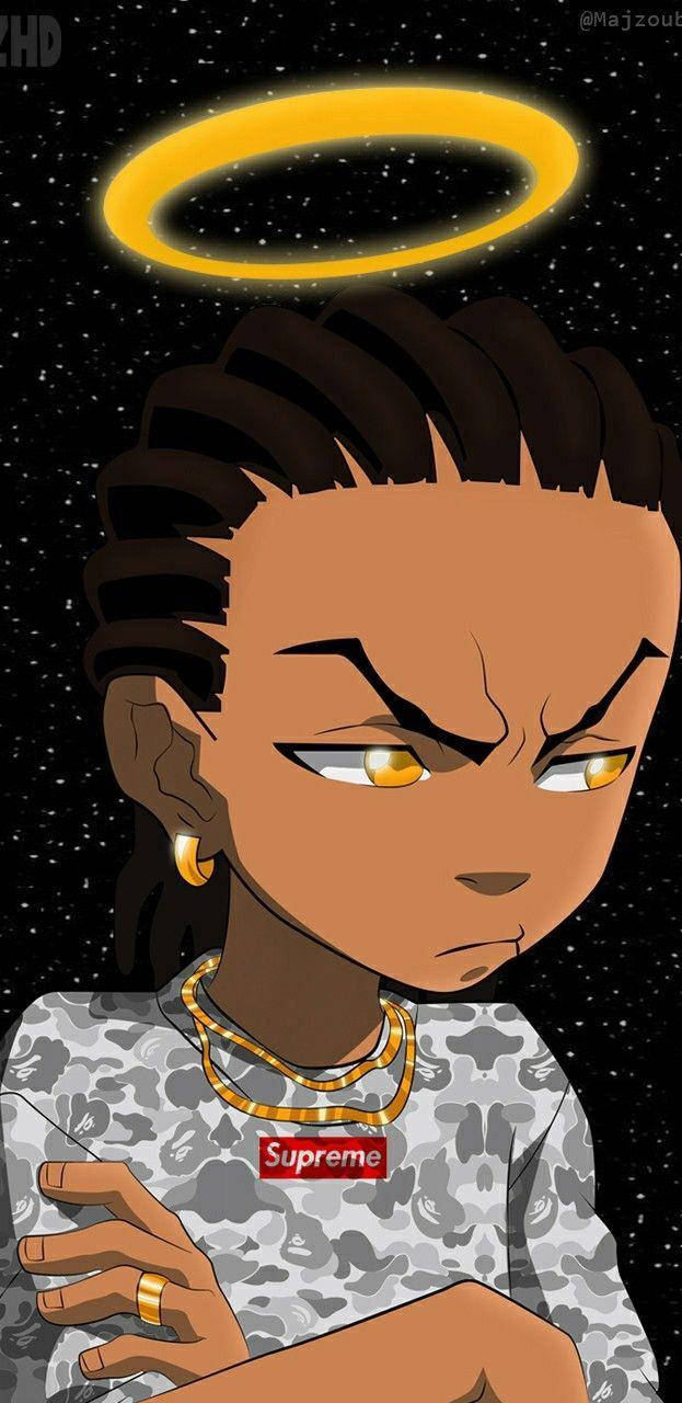 Dope Supreme 動漫風格繪畫 壁紙 — 一個帶有金色光環、表情憤怒的動漫角色，穿著Supreme襯衫，站在繁星點點的夜空下。