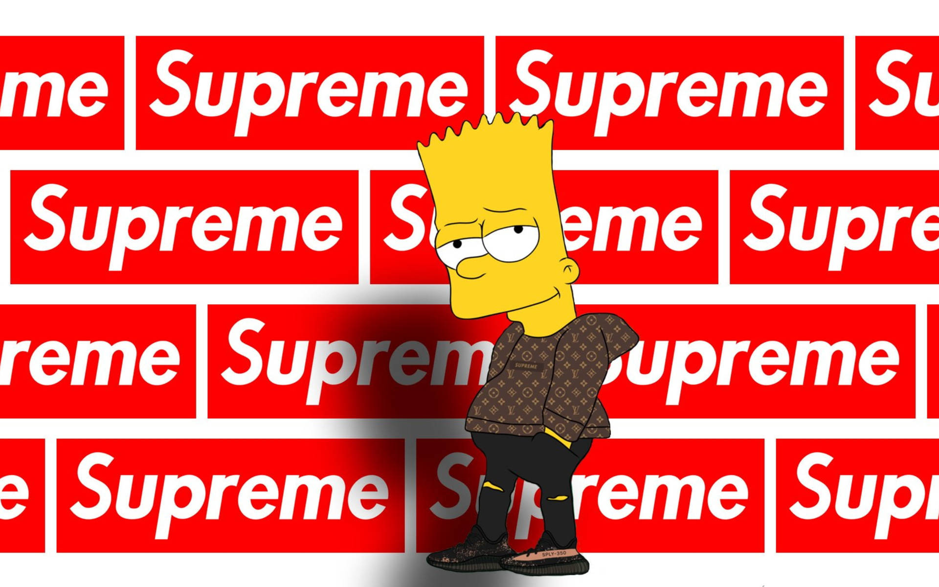 巴特·辛普森穿著圖案外套站在紅色Supreme標誌牆前。