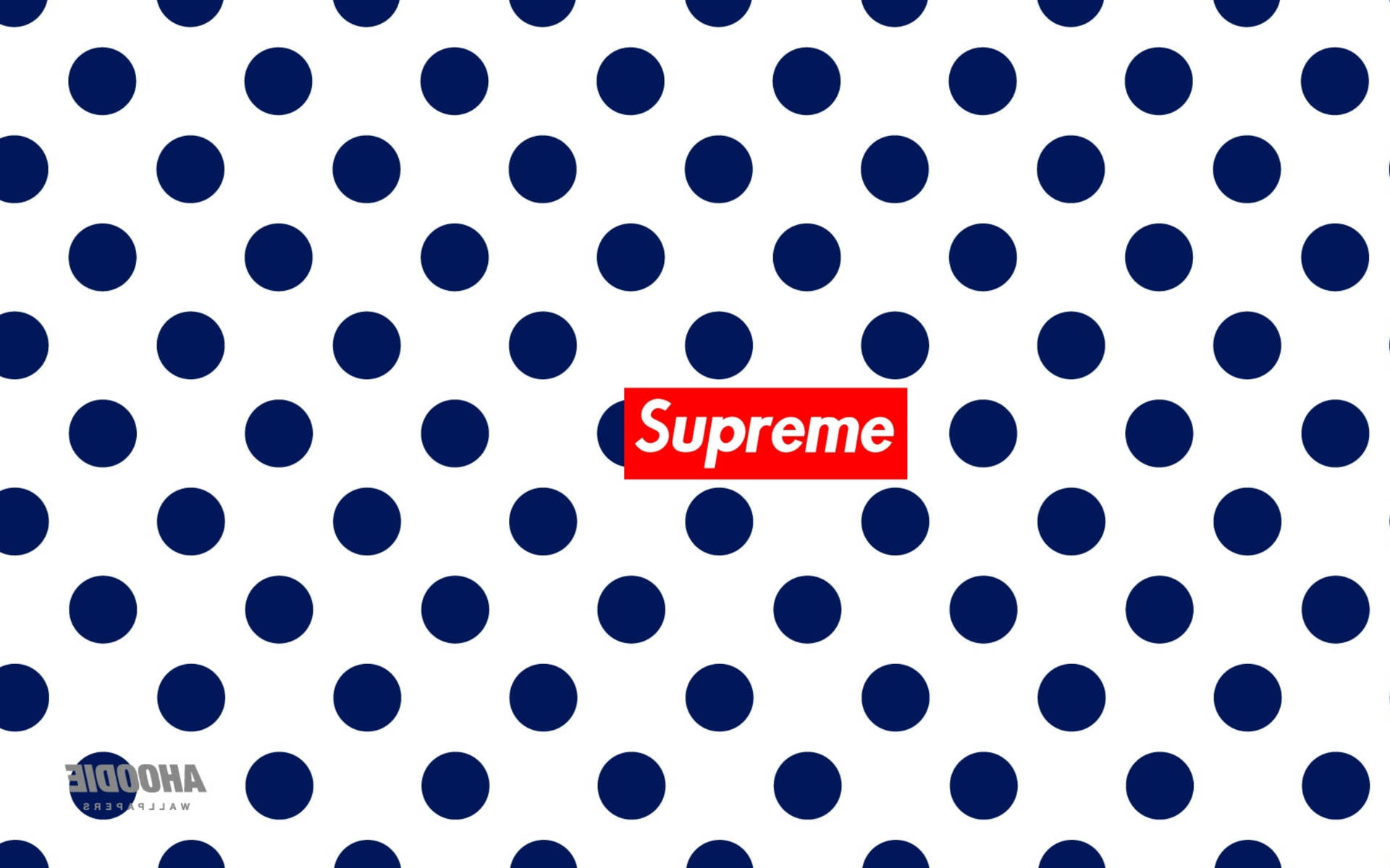 白色背景上有深藍色圓點和一個紅色 Supreme 標誌。