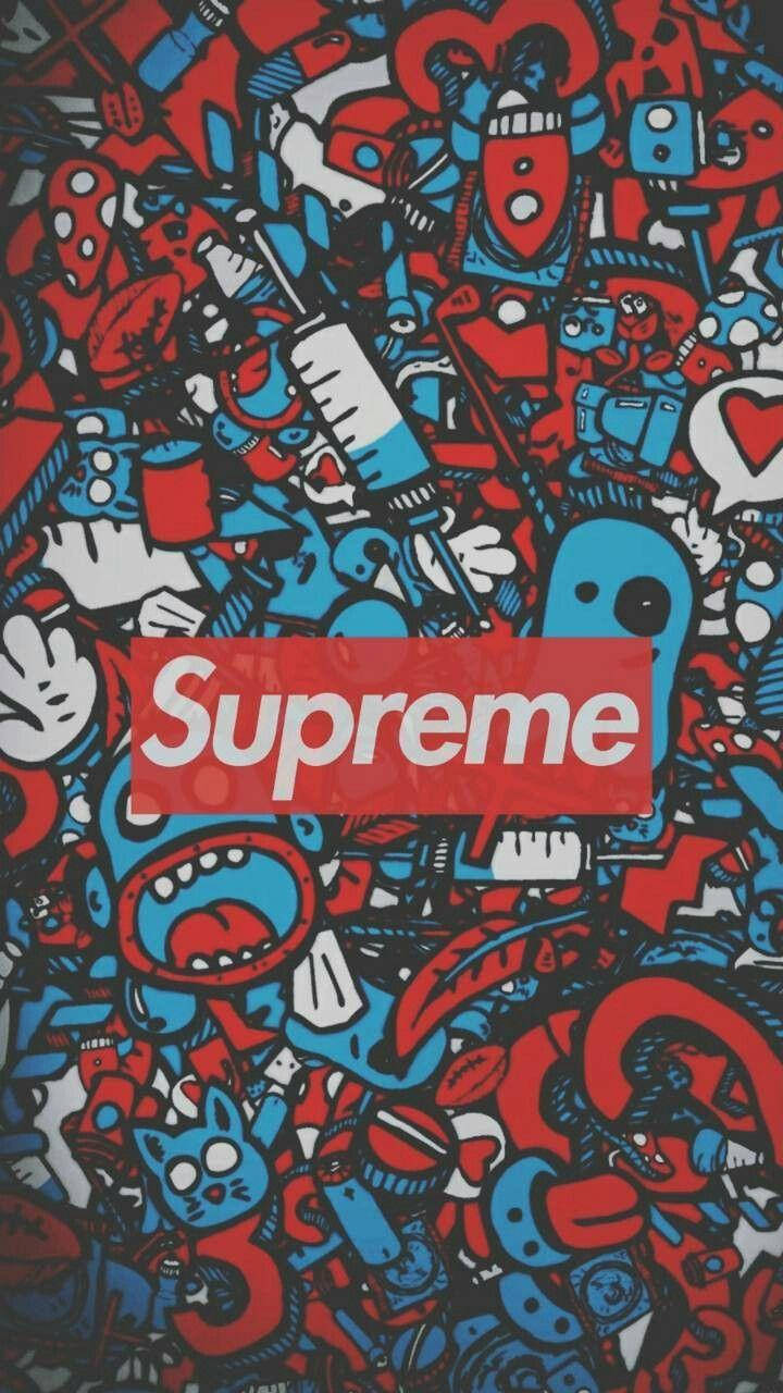 Dope Supreme 漫畫風格插畫 壁紙 — 一個混亂的紅色和藍色塗鴉圖案，充滿卡通人物和物體，圍繞著一個紅色的Supreme標誌。