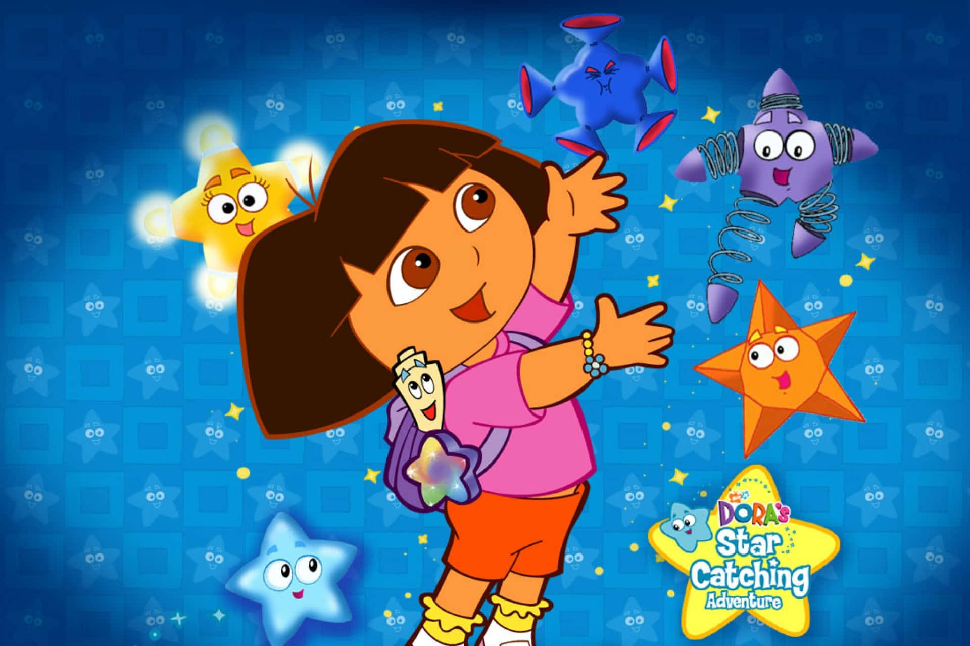 Dora the Explorer 被友善的星星和外星生物包圍，在充滿活力的卡通場景中。