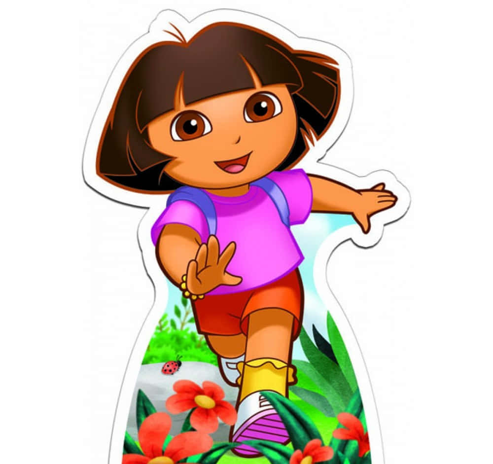 Dora the Explorer 卡通角色穿過叢林，有紅花和瓢蟲。