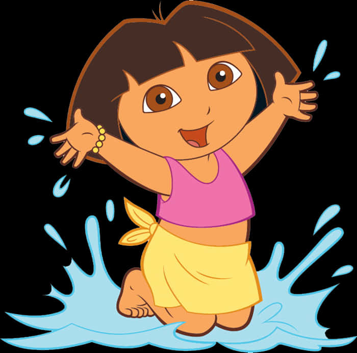 Dora The Explorer 跳入水中 壁紙 — 愛探險的Dora在黑色背景前高興地舉起雙臂潑水。