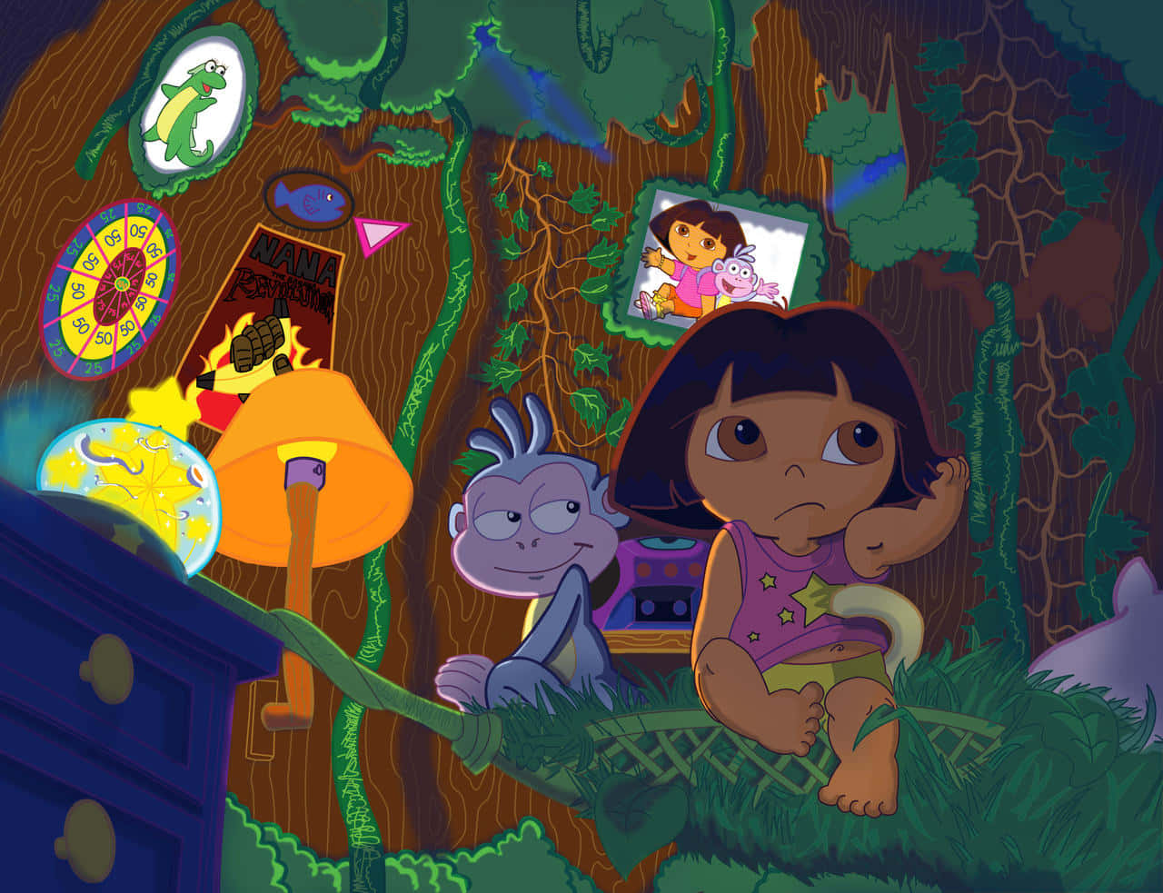 Dora 桌布 壁紙 — Dora the Explorer 同佢嘅猴子朋友坐喺樹屋床上，周圍係茂密叢林入面嘅發光魔法物品。