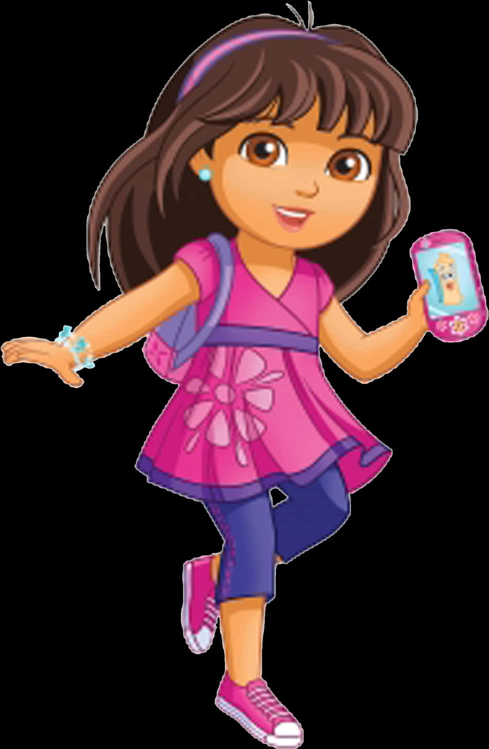 Dora The Explorer 手持手機 壁紙 — 一個穿著粉紅色服裝的快樂卡通女孩，一邊跑一邊拿著發光的地圖裝置。