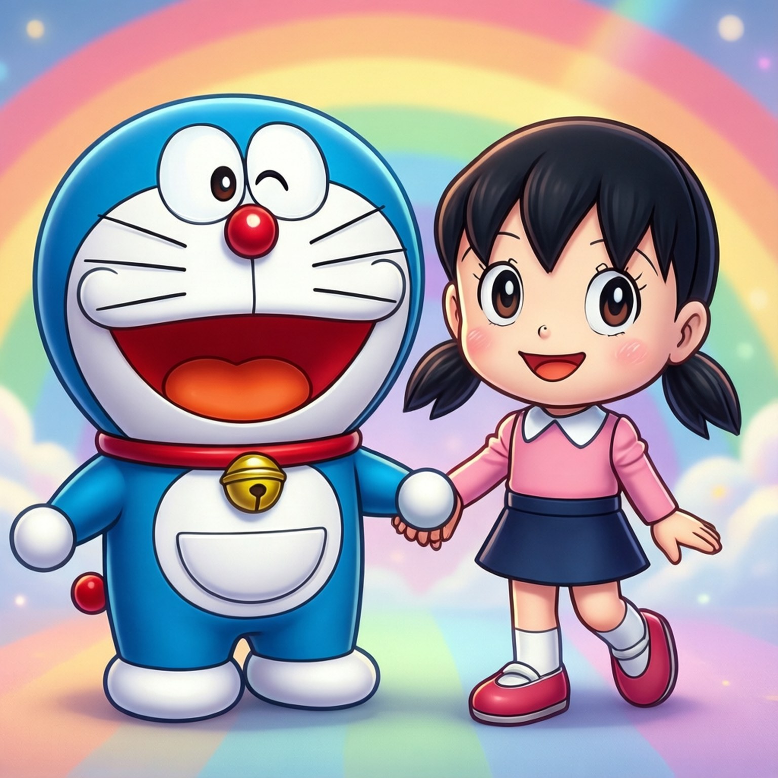 Sibling Love 壁紙 — 多啦A夢和一個女孩在充滿活力的彩虹下牽手，周圍有蓬鬆的雲朵和閃爍的光芒。