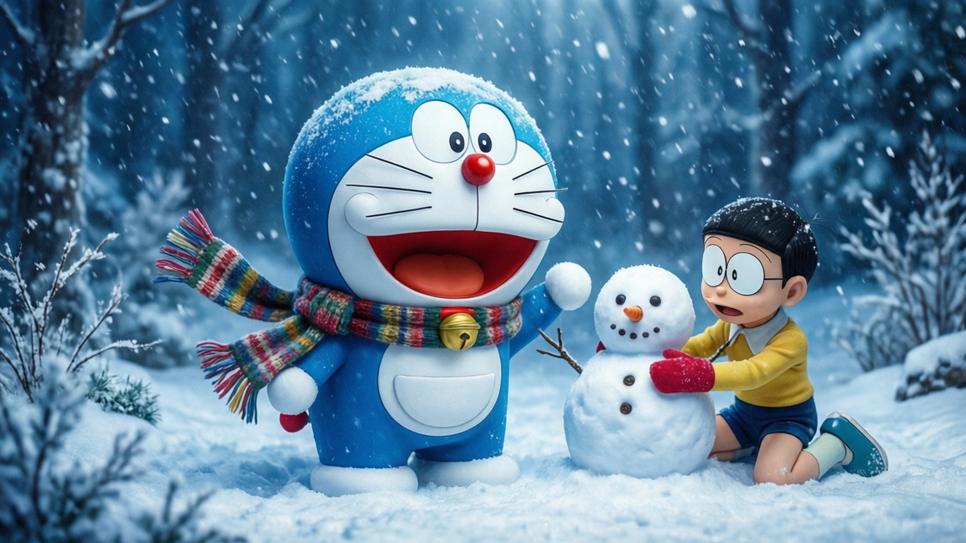 多啦A夢和大雄在雪林中堆雪人。