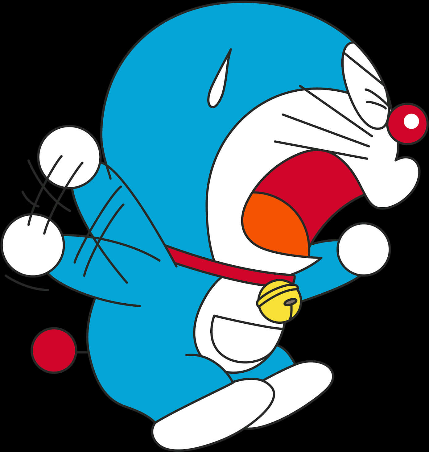Doraemon 跌倒瞬間 壁紙 — 藍色機械貓多啦A夢正在黑色背景上張開雙臂、張大嘴巴，歡快地跳躍。