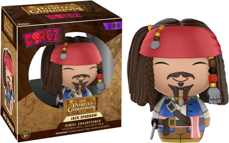 加勒比海盗 Dorbz 系列 杰克·斯派羅人偶 壁紙 — 來自《加勒比海盜》的傑克·史派羅Q版搪膠人偶，戴紅色頭巾，辮子頭髮，旁邊是其收藏盒。