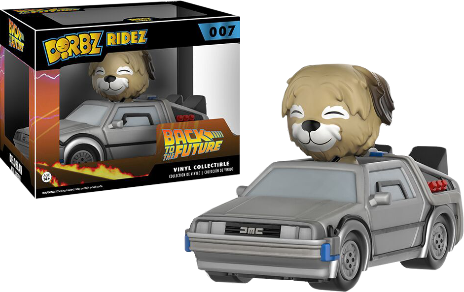 回到未來 Dorbz Ridez 德羅寧玩具 壁紙 — 一隻可愛的閉眼小狗公仔坐在灰色DeLorean玩具車上，旁邊是其色彩繽紛的收藏盒。