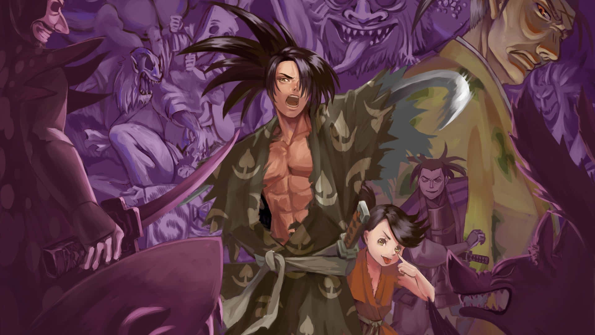 穿著綠色長袍的動漫戰士被紫色惡魔和武裝敵人包圍。