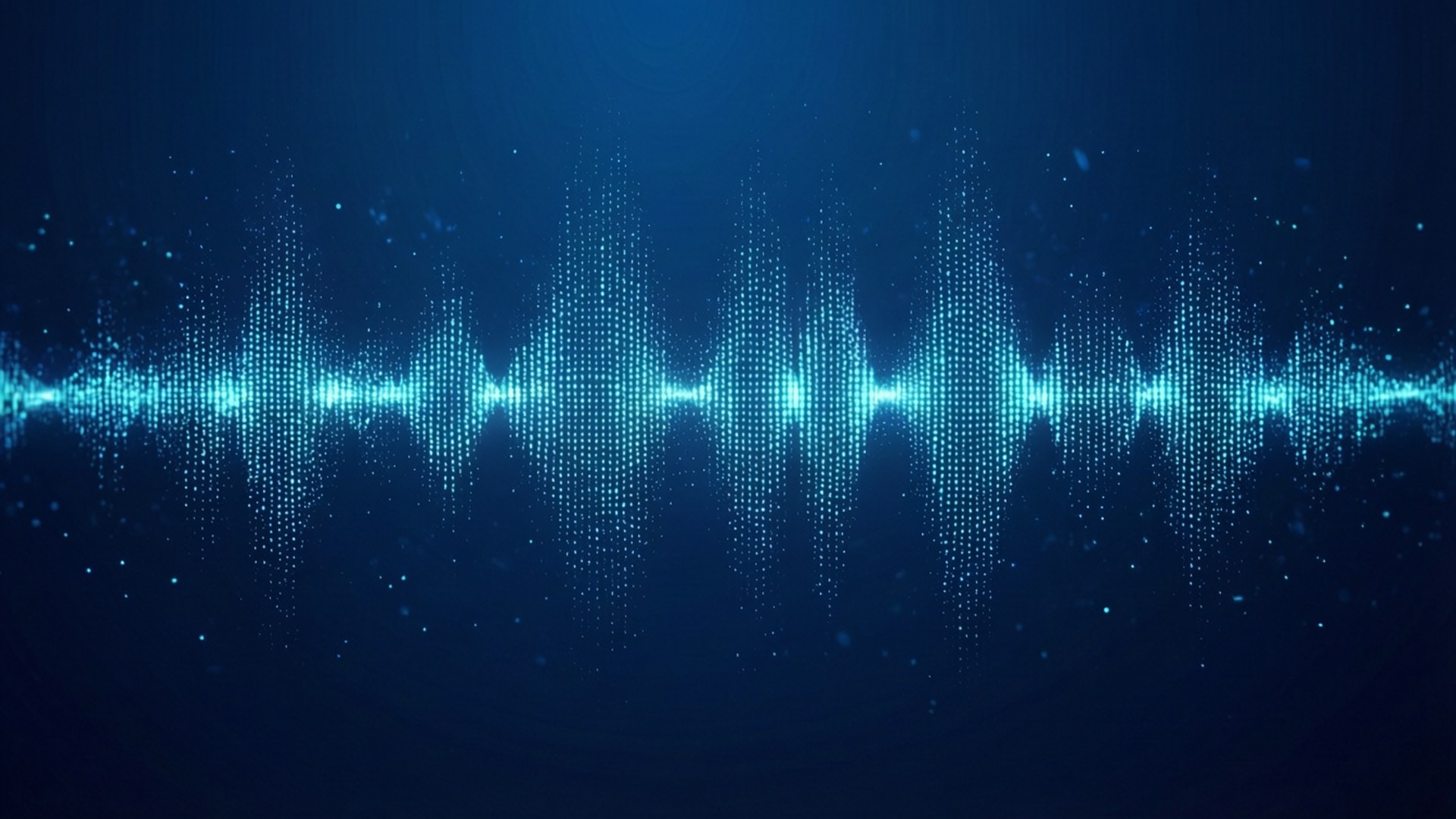 發光的青色數碼音頻波形在深藍色背景上脈動，帶有漂浮的粒子。