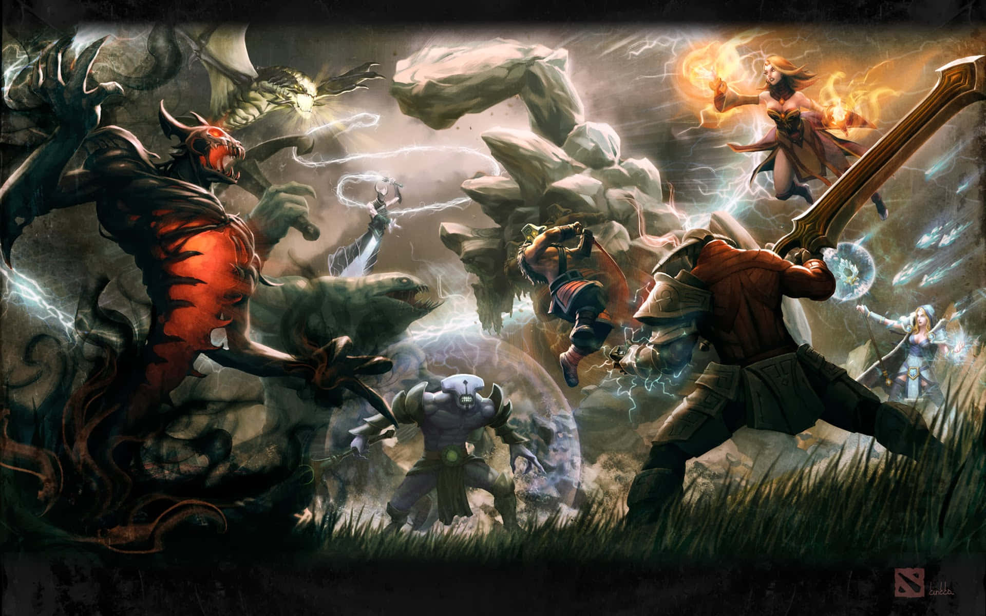 Dota 2角色戰鬥最佳背景 壁紙 — 英雄與怪物在風暴天空下，伴隨著發光魔法和飛行生物，在一場混亂的奇幻戰鬥中碰撞。
