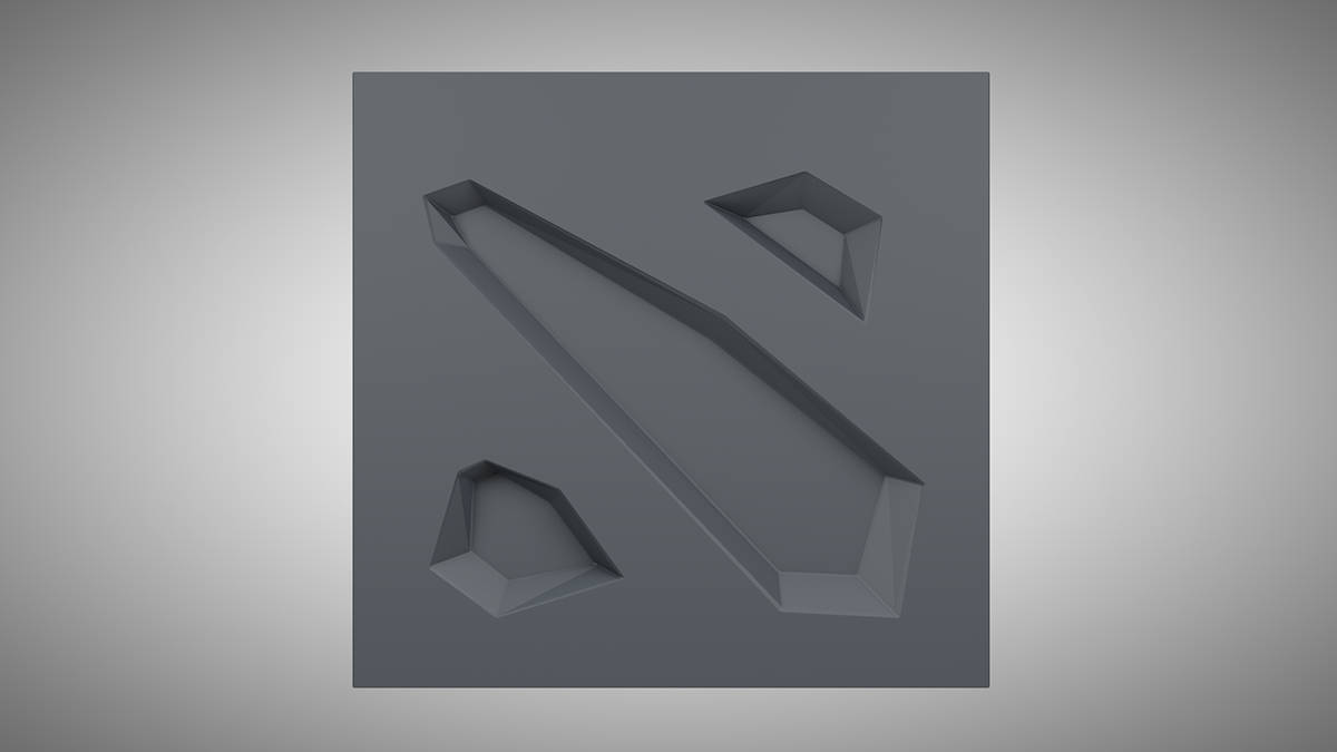 Dota 2 標誌純灰色3D 壁紙 — 一個在灰色表面上帶有棱角鏤空的極簡3D渲染幾何雕塑。