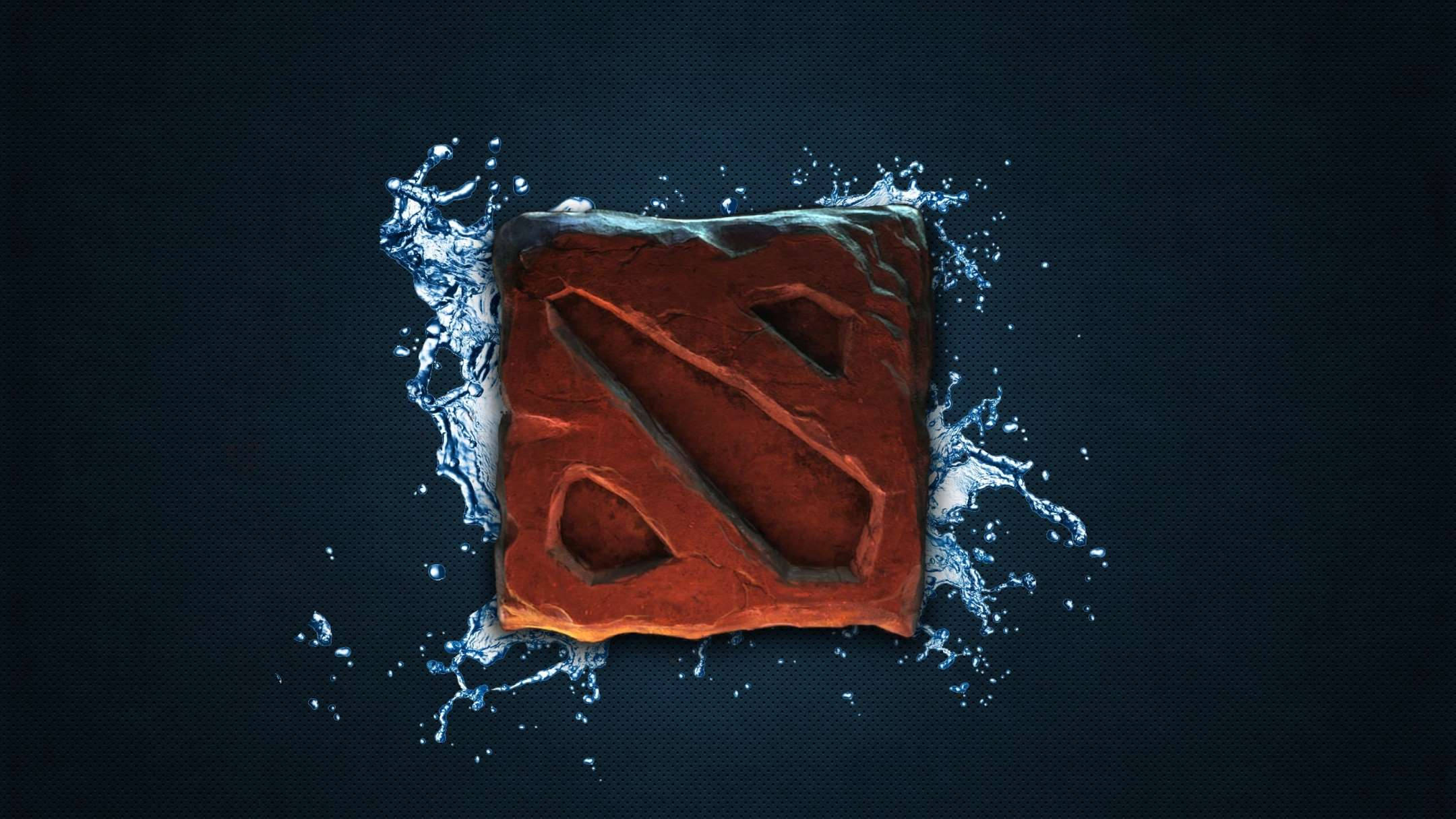 Dota 2 3D遊戲標誌 壁紙 — 發光的橙色 Dota 2 標誌從水花中浮現，背景為深色紋理。