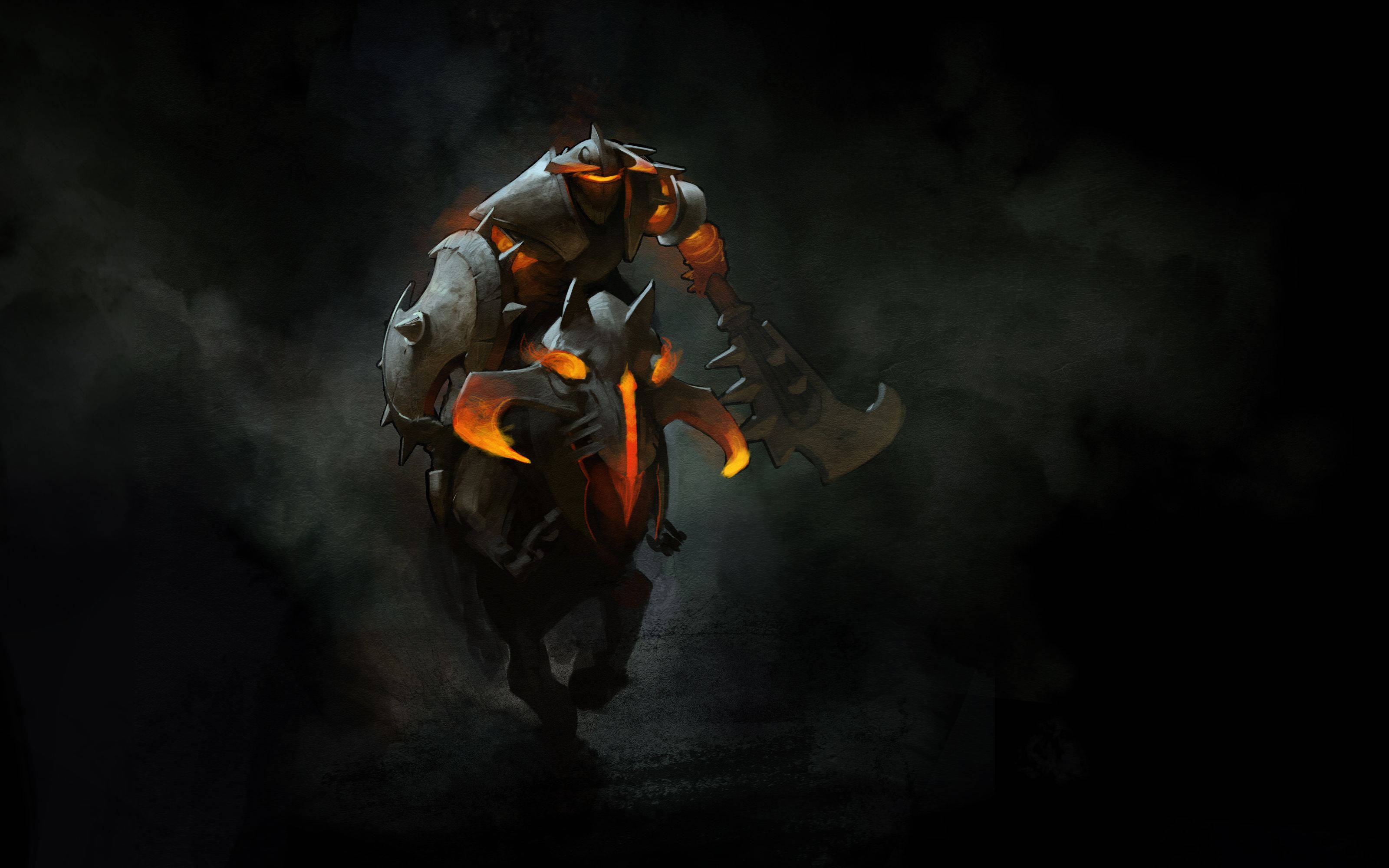 Dota 2 4K 混沌騎士 壁紙 — 一名身穿黑色盔甲的戰士，擁有發光的橙色眼睛和武器，衝過煙霧繚繞的陰影。