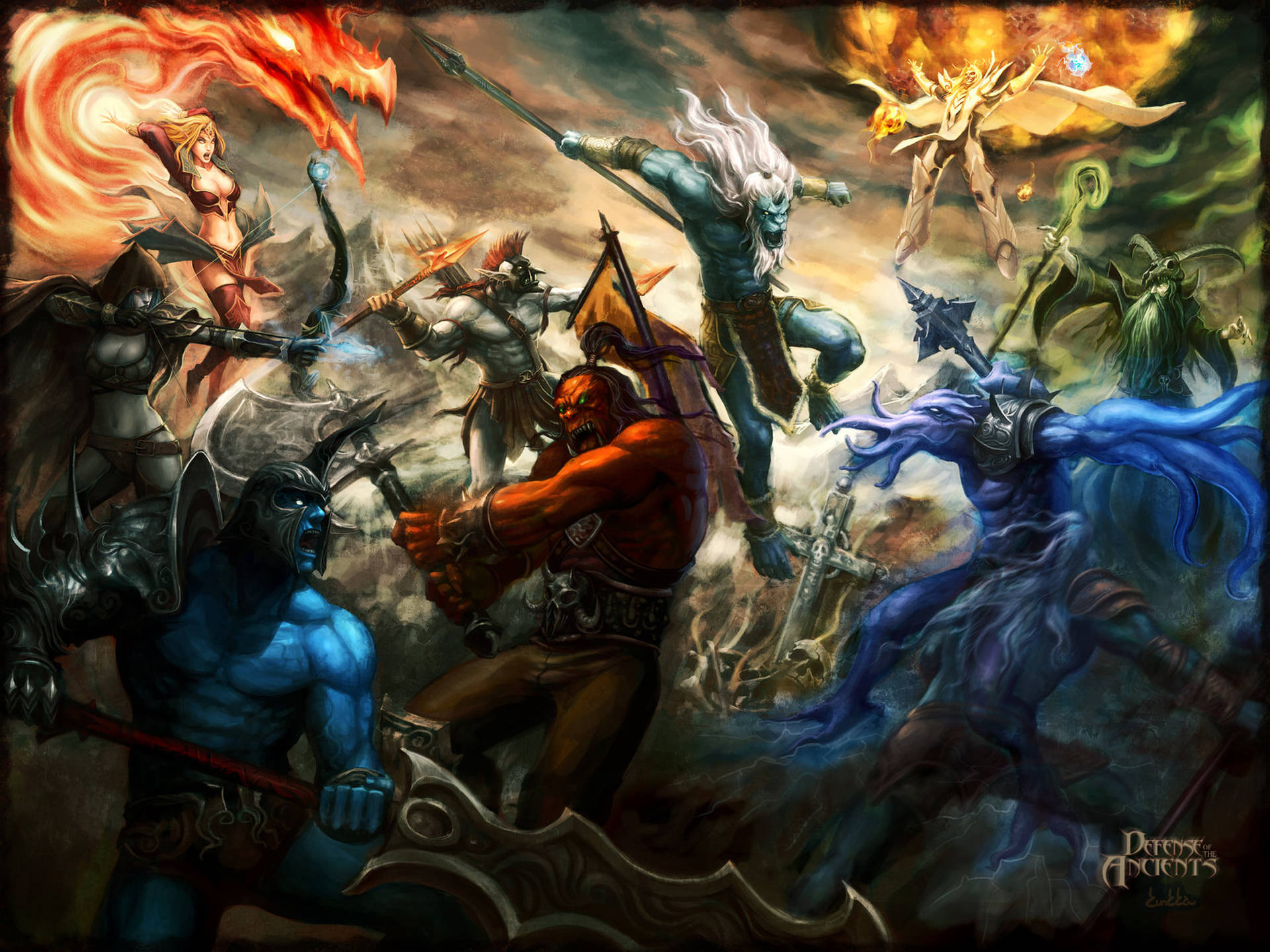 Dota 2 4K 英雄群戰 壁紙 — 奇幻戰士在混亂的戰鬥中碰撞，火焰和冰霜魔法在他們周圍旋轉。