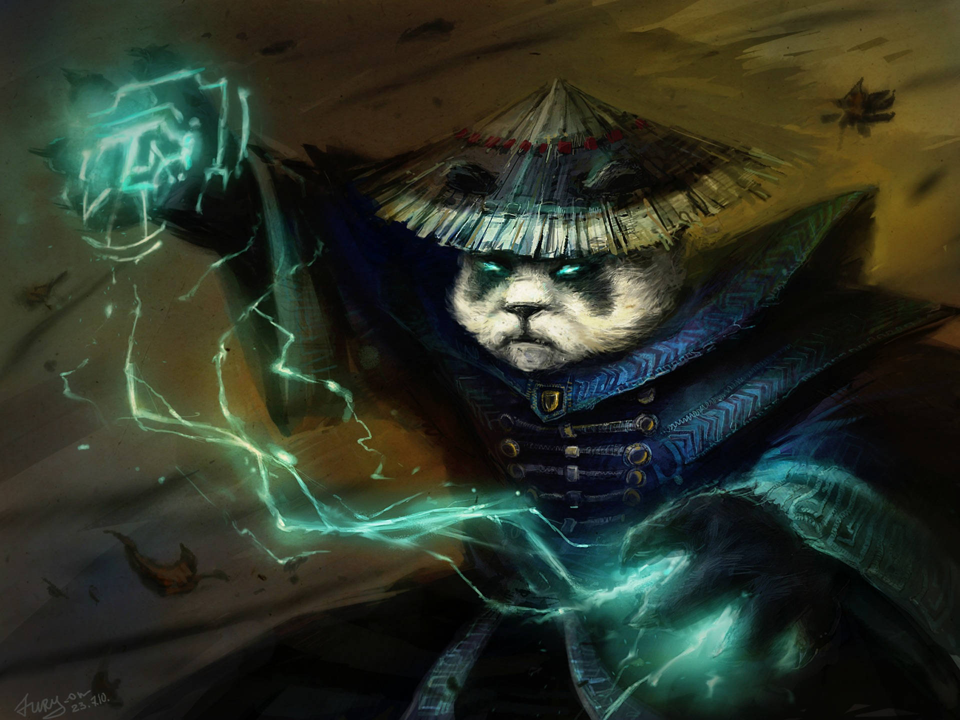 Dota 2 4K 酒桶 壁紙 — 一個兇猛的熊貓戰士，身穿華麗的藍色盔甲和草帽，用發光的眼睛引導發光的綠色閃電。