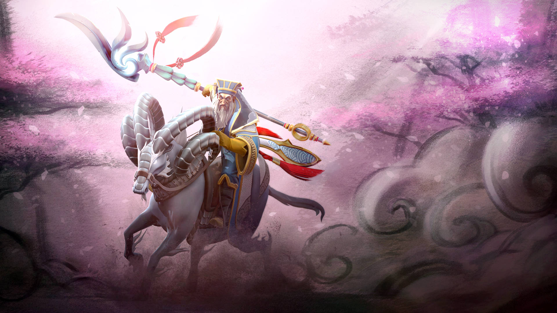 Dota 2 4K 光之熔爐 壁紙 — 一位威嚴的戰士留著長鬍鬚，騎著一匹白色鎧甲馬，穿過旋轉的粉紅色雲朵，手持發光法杖。