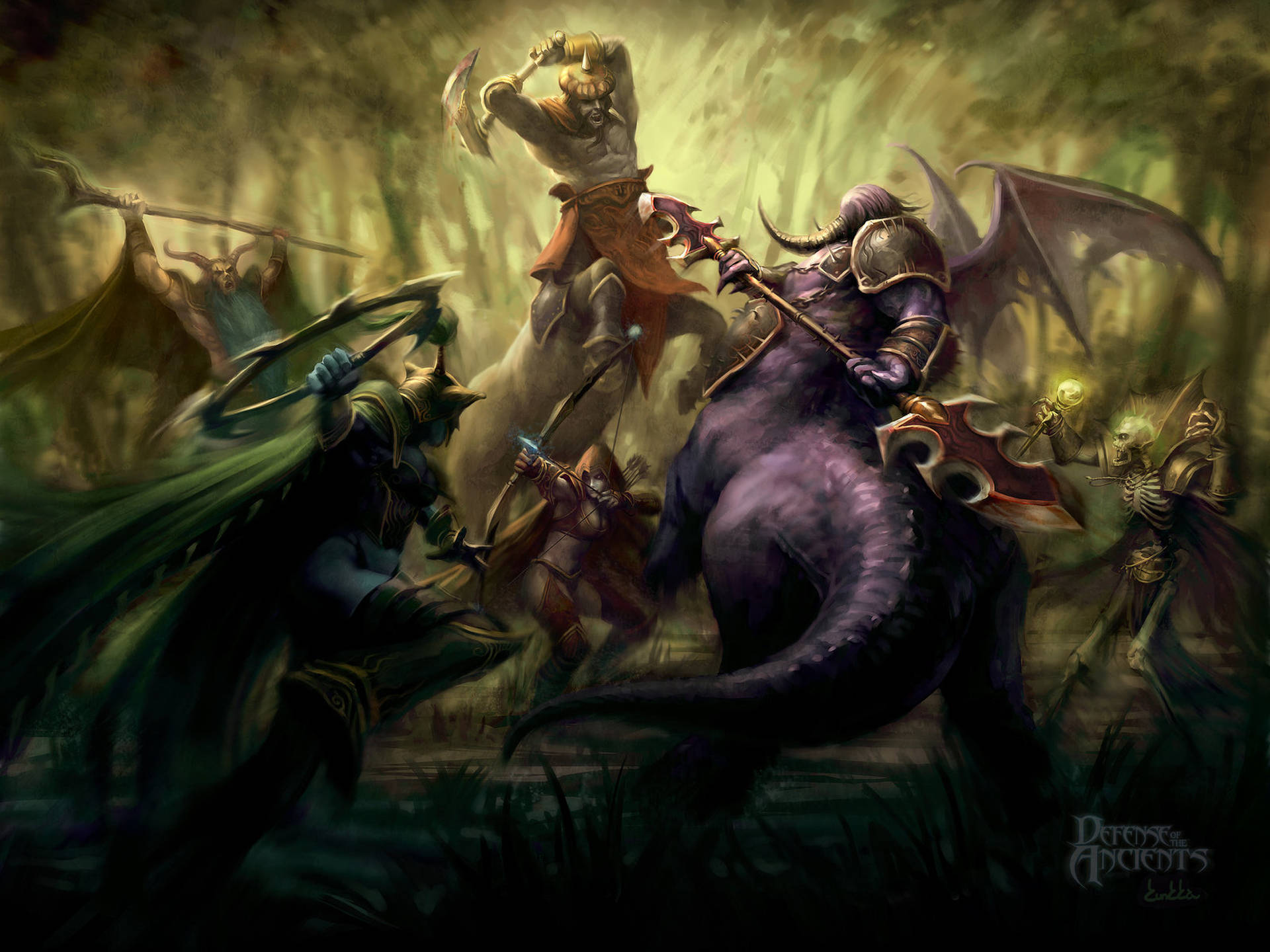 Dota 2 4K 半人馬戰士 壁紙 — 奇幻戰士在黑暗森林中交戰，一名騎士騎著紫色巨龍在詭異的綠光下與裝甲敵人戰鬥。