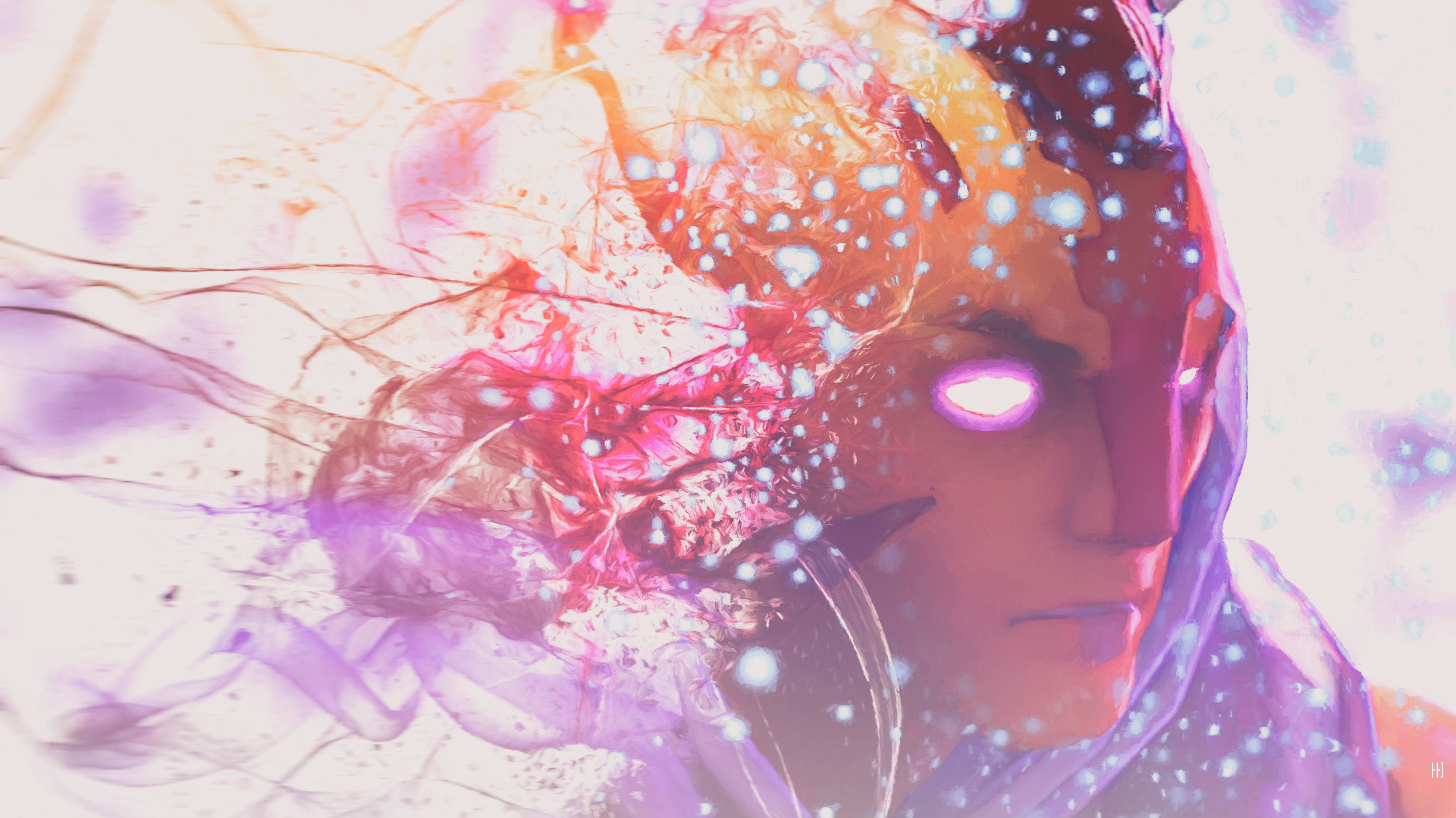 Dota 2 4K 反魔法使 壁紙 — 一個風格化的數碼肖像，臉部一半被旋轉的宇宙粒子和發光的能量轉變，呈現鮮豔的紫色、粉紅色和橙色。