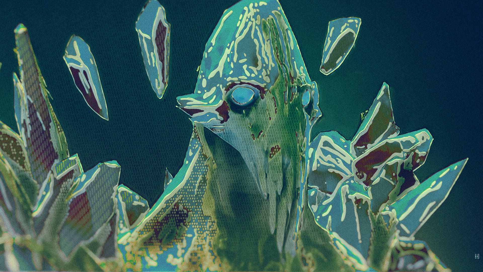 Dota 2 4K 古代詭術師 壁紙 — 一個風格化的數碼藝術生物，擁有發光的藍色眼睛和鋸齒狀的綠色和藍綠色水晶盔甲，漂浮在深藍綠色背景上。