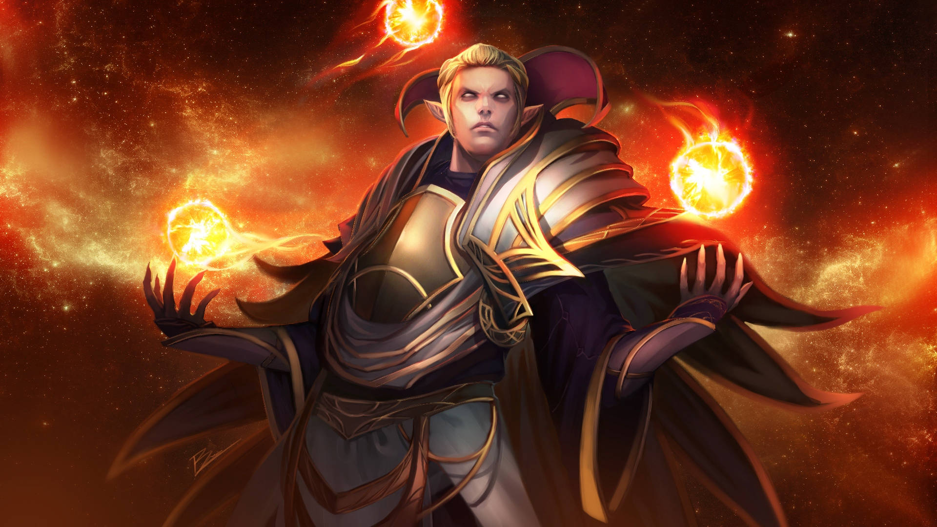 Dota 2 4K 呼叫者 壁紙 — 一位身穿華麗盔甲的強大精靈法師，在宇宙星雲背景下操控火球。