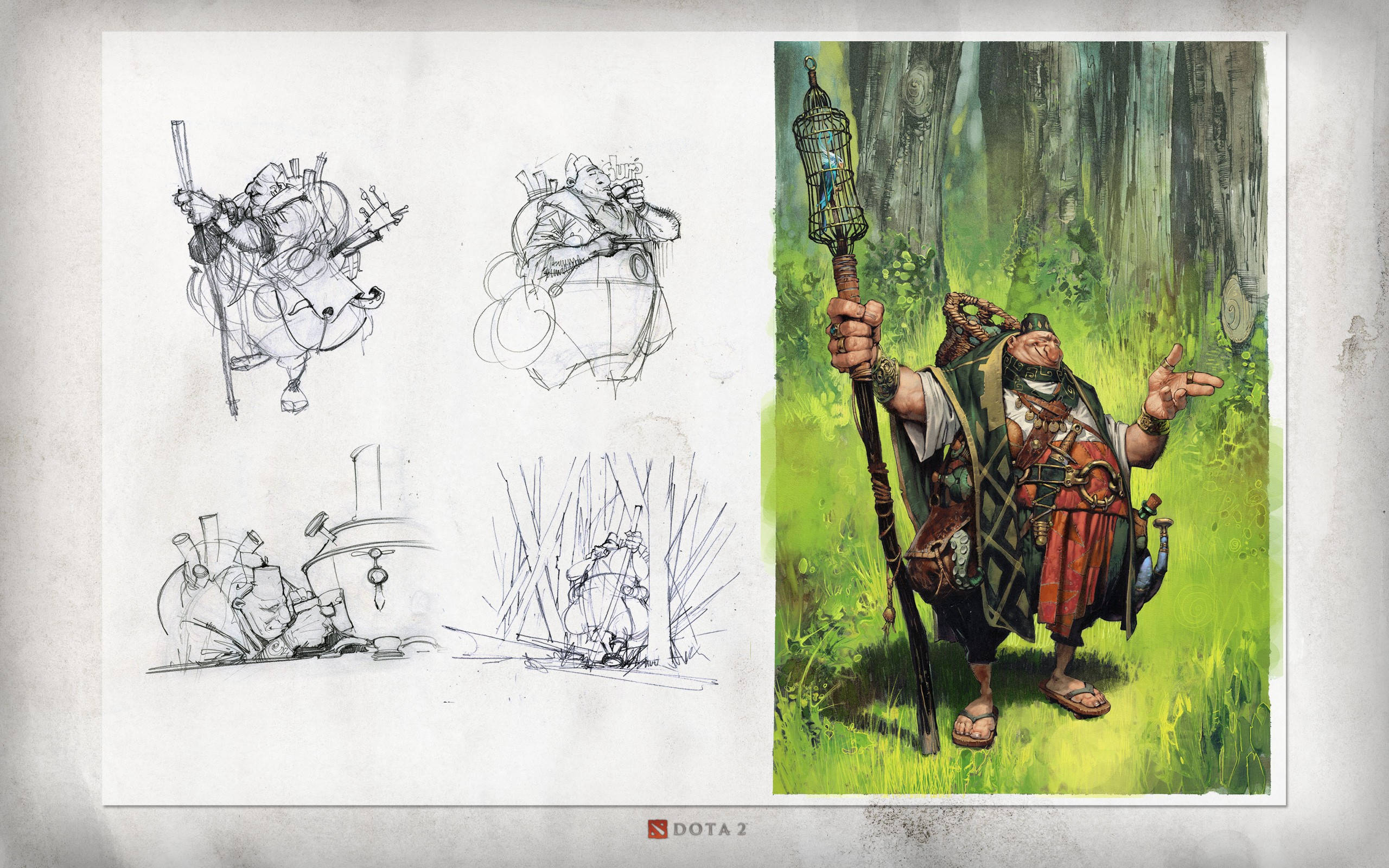 Dota 2 4K 商人 壁紙 — 一張奇幻角色概念藝術圖紙，展示草圖和最終插圖，描繪森林中一位強壯的戰士。