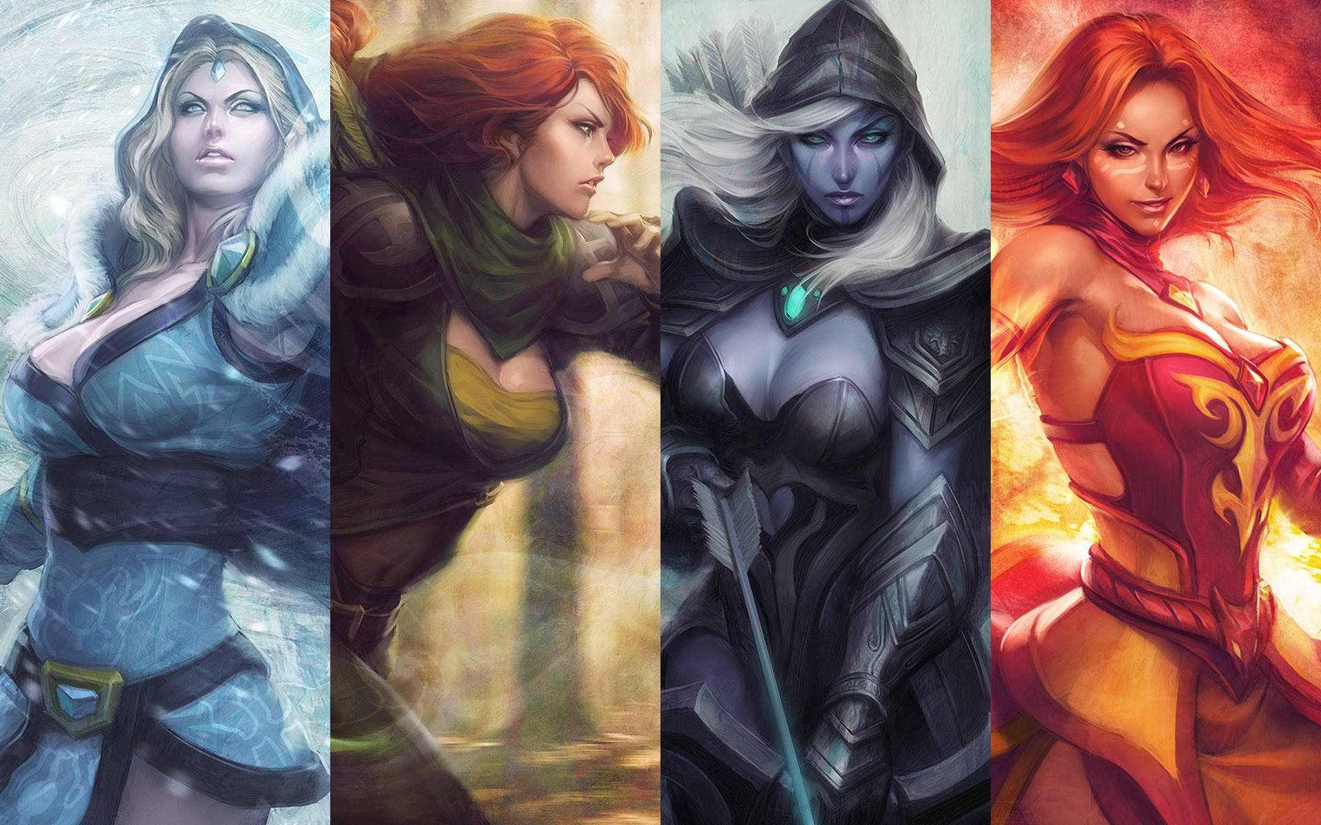 Dota 2 4K 女法師群像 壁紙 — 四位奇幻女主角以動態姿勢展現元素力量，配以鮮豔色彩和精細盔甲。