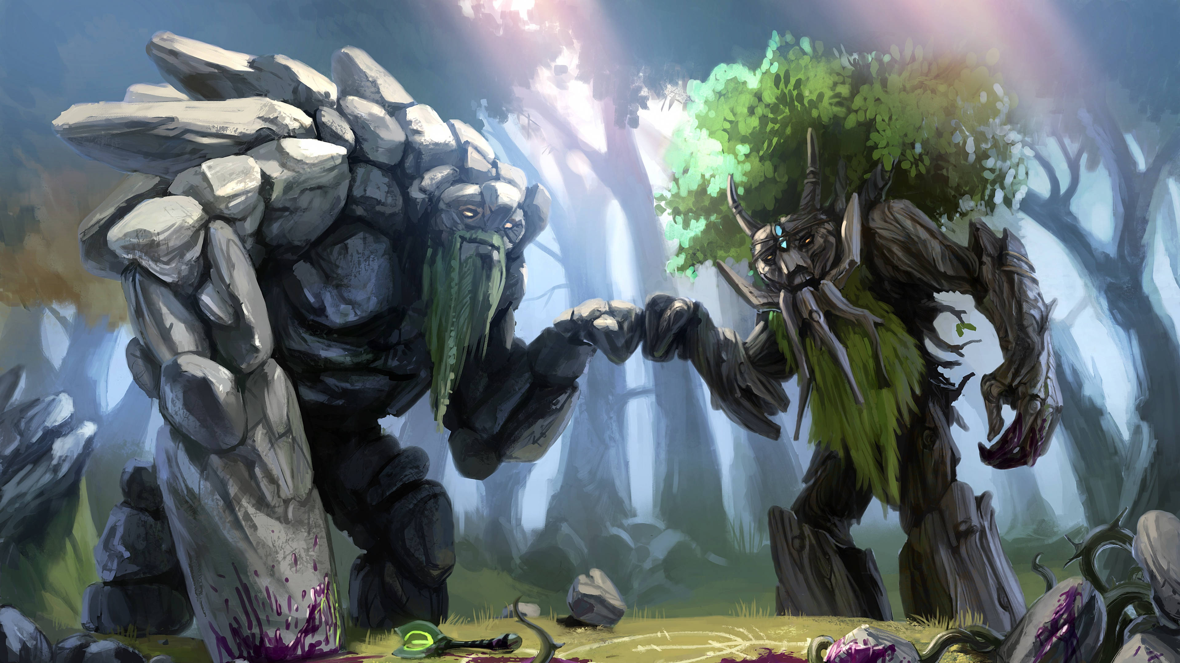 Dota 2 4K 小小與巨木 壁紙 — 兩個巨大的樹木和石頭魔像站在迷霧森林中，在發光的天空下互相伸手。