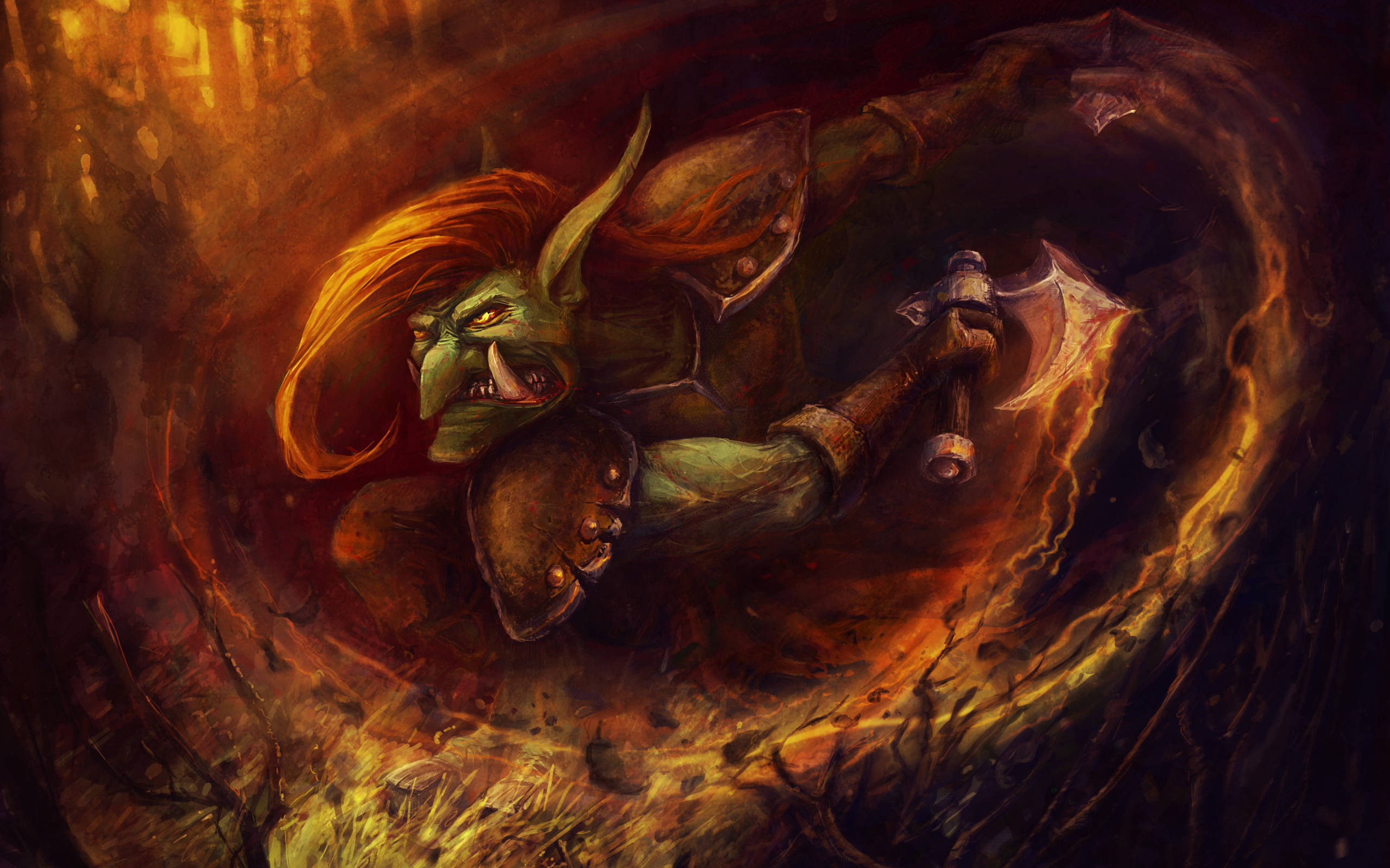 Dota 2 4K 巨魔 壁紙 — 一個兇猛的綠色獸人，有著火焰般的頭髮，在黑暗、戲劇性的奇幻場景中，於旋轉的火焰中揮舞著戰斧。