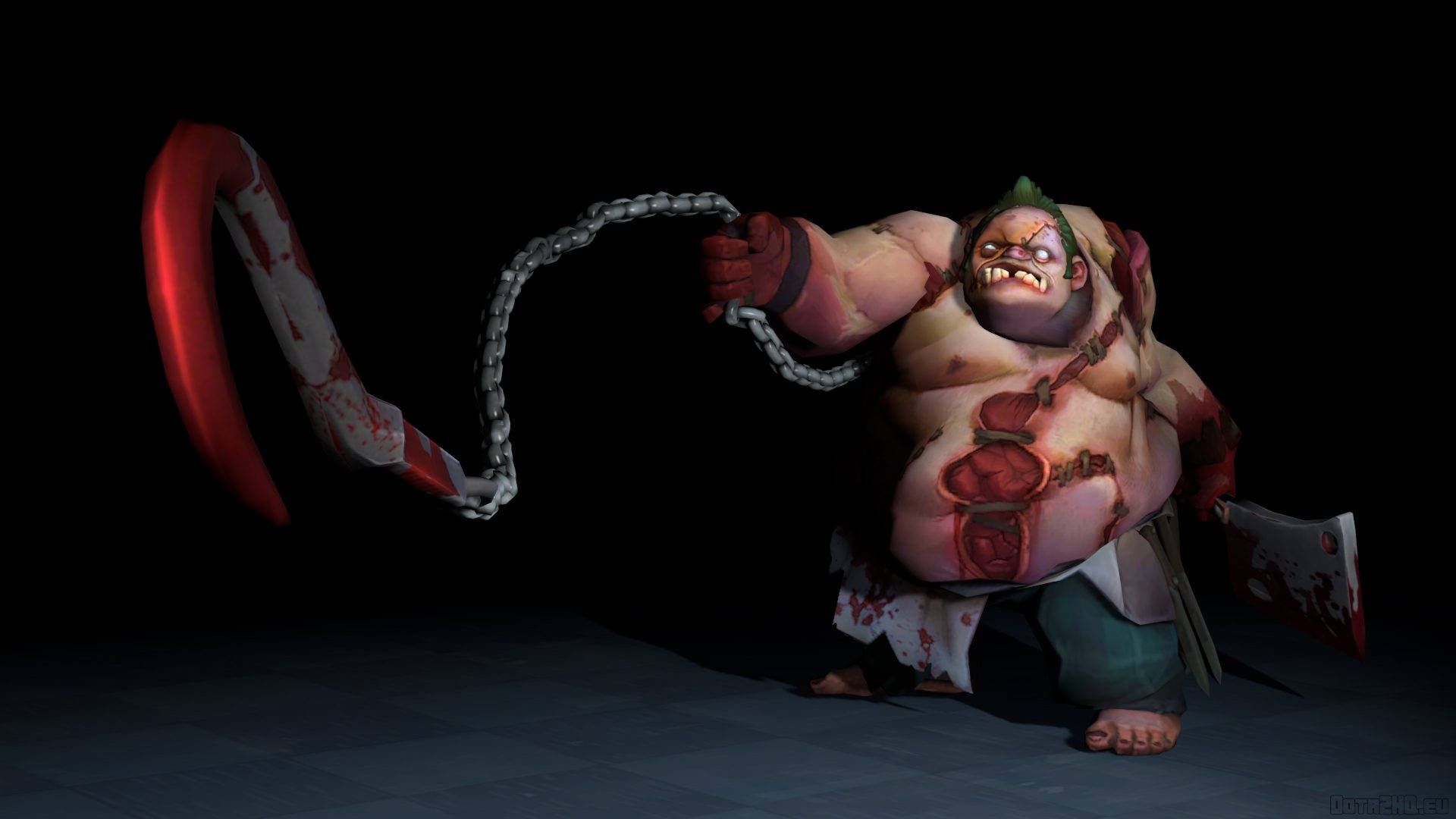 Dota 2 4K 布丁屠夫 壁紙 — 一個綠色頭髮、怪誕且肌肉發達的惡魔，在黑暗背景下揮舞著血淋淋的鎖鏈和鐮刀。